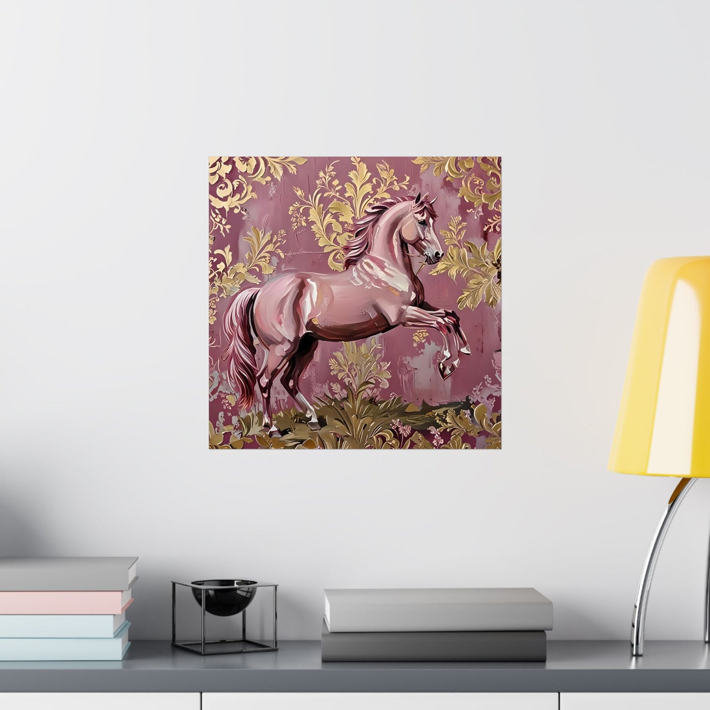 Floral Motif Art Poster - Elegant Matte Vertical Wall Decor - Mauve Horse & Gold Damask