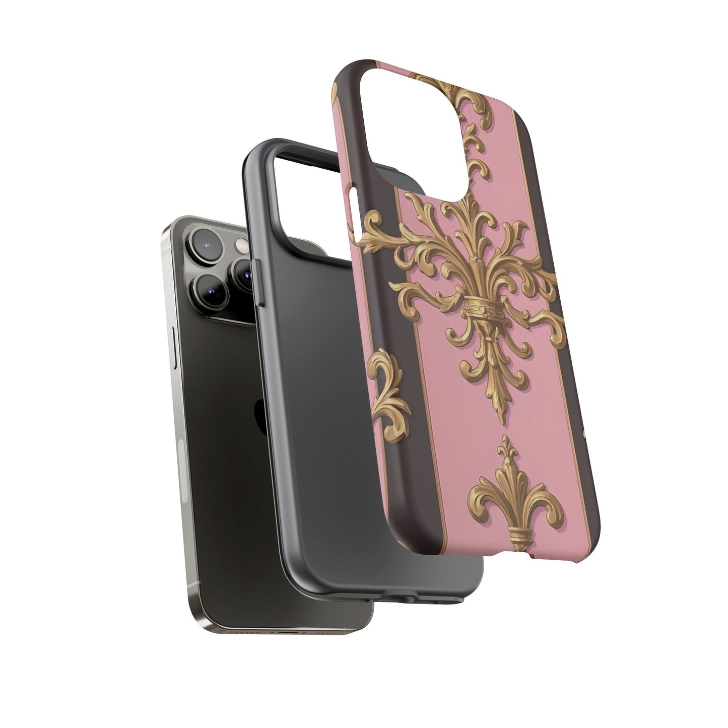 Elegant Floral Motif Phone Case - Tough Cases with Vintage Design - Pink & Brown Striped Gold Damask