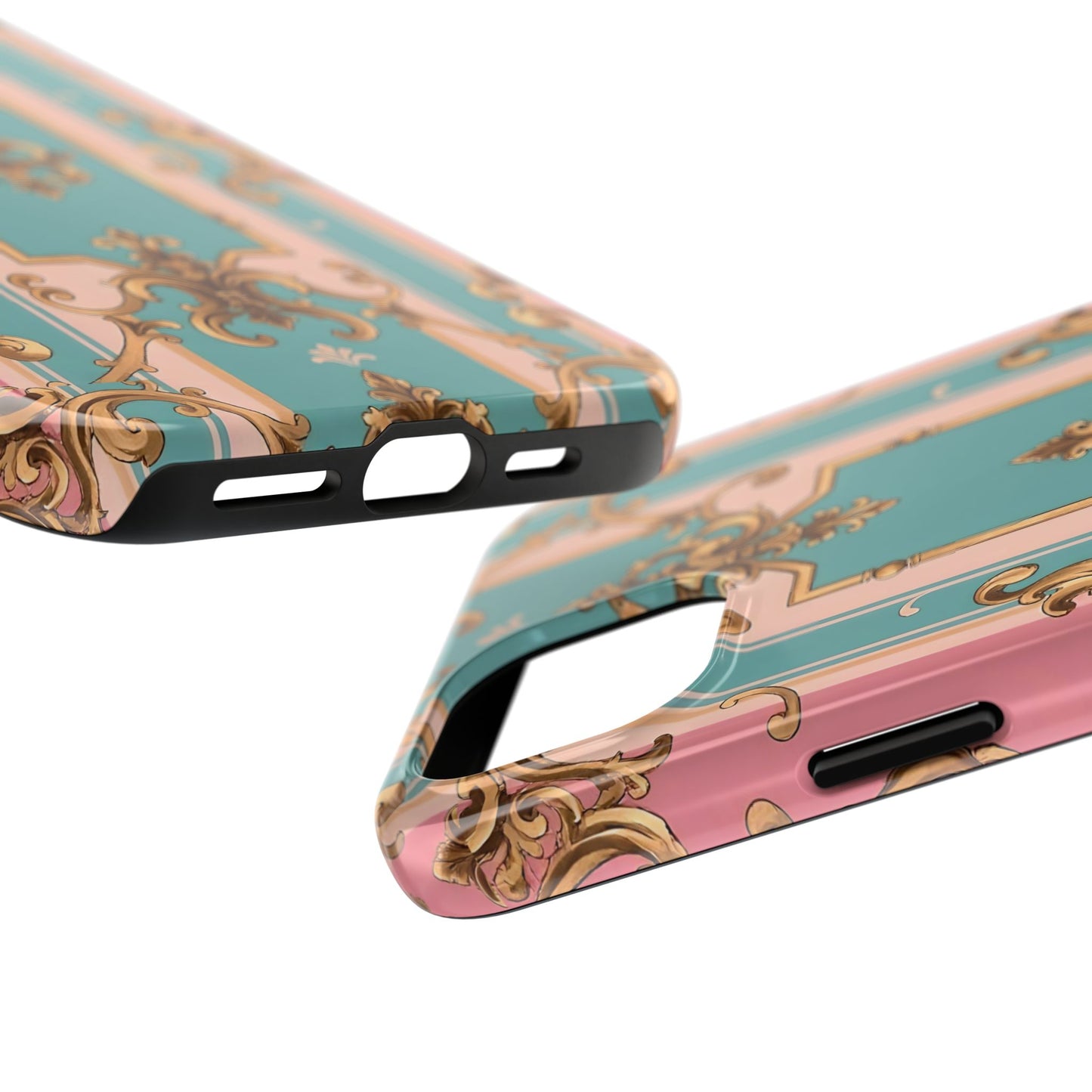 Elegant Floral Tough Phone Case, Artistic Phone Cover, Gift for Her, Chic Phone Accessory - Pink & Matte Turquoise Striped Rococo