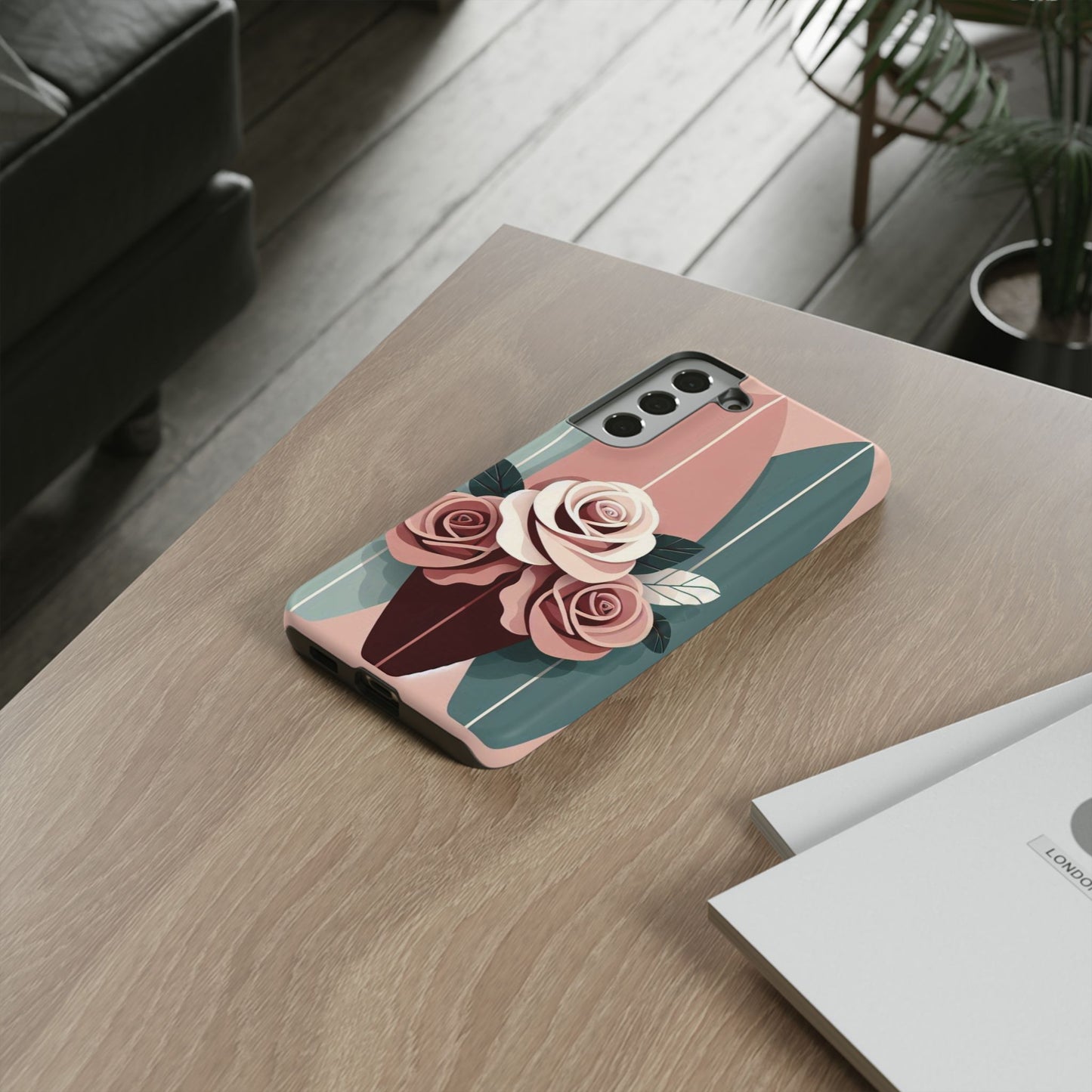 Phone Case - Burgundy, Matte Mauve & Teal Surfboard & Roses Design