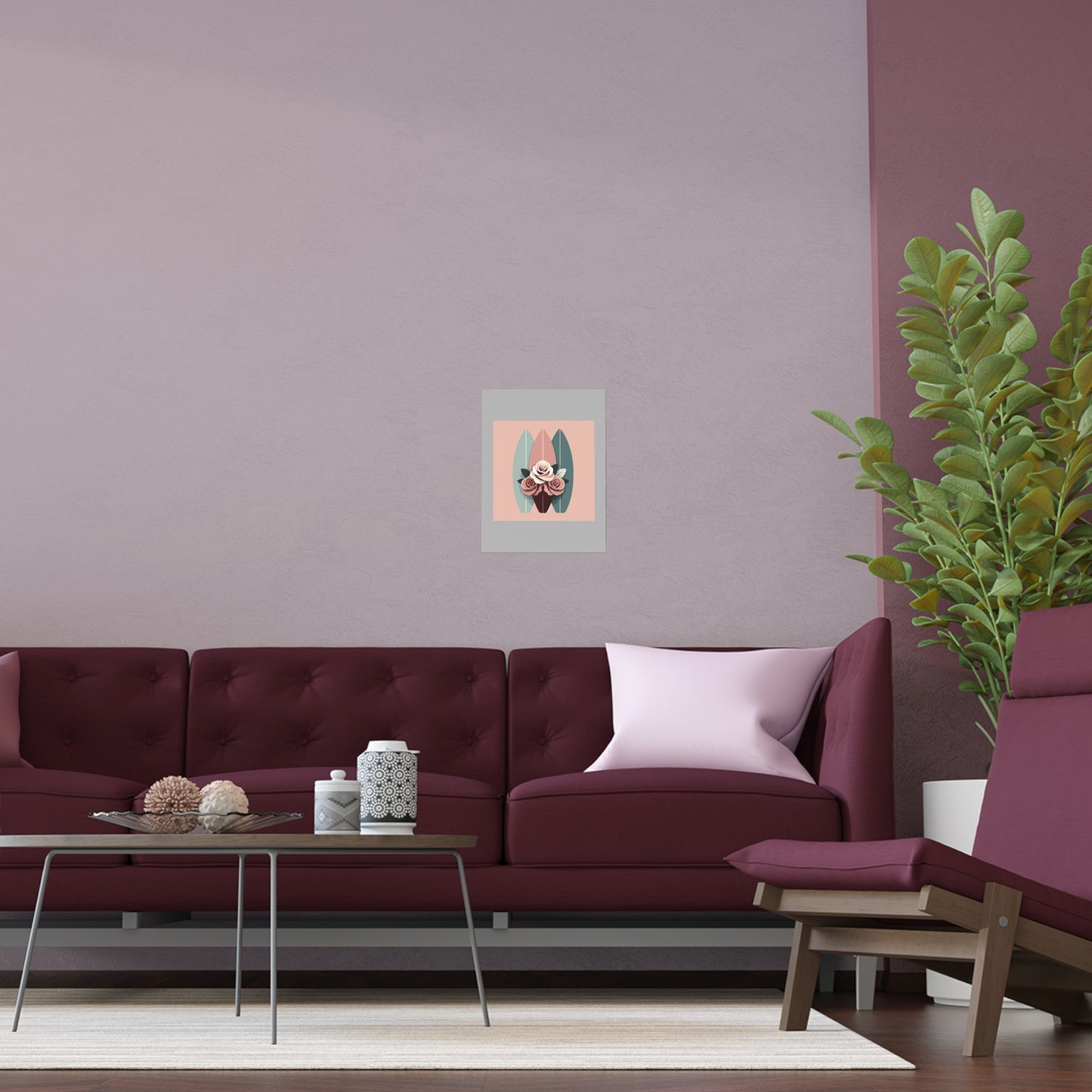 Elegant Floral Silk Poster - Indoor/Outdoor Wall Art for Home Decor - Burgundy, Matte Mauve & Teal Surfboard & Roses