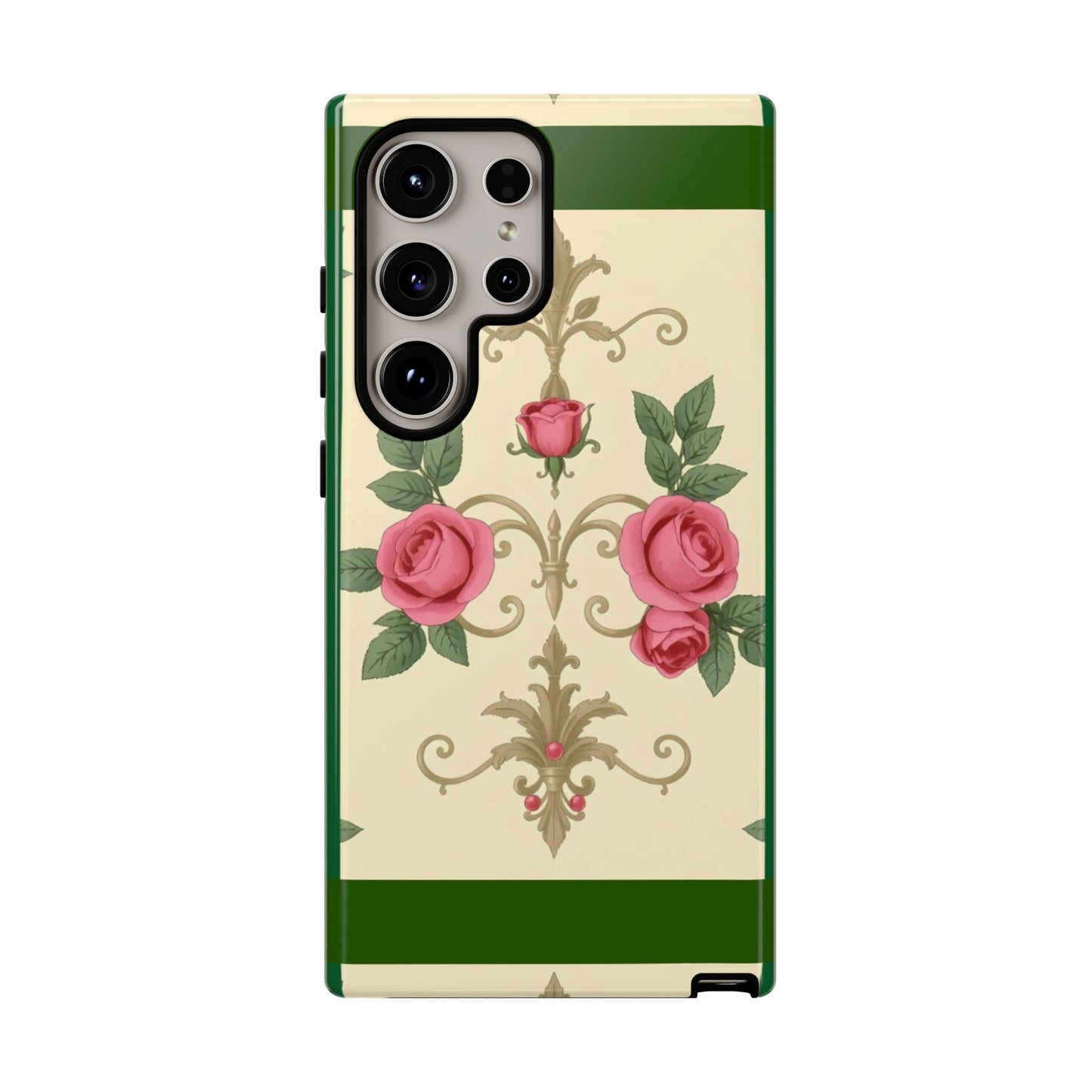 Elegant Floral Motif Phone Case - Tough Cases with Vintage Design - Green Border Roses & Damask