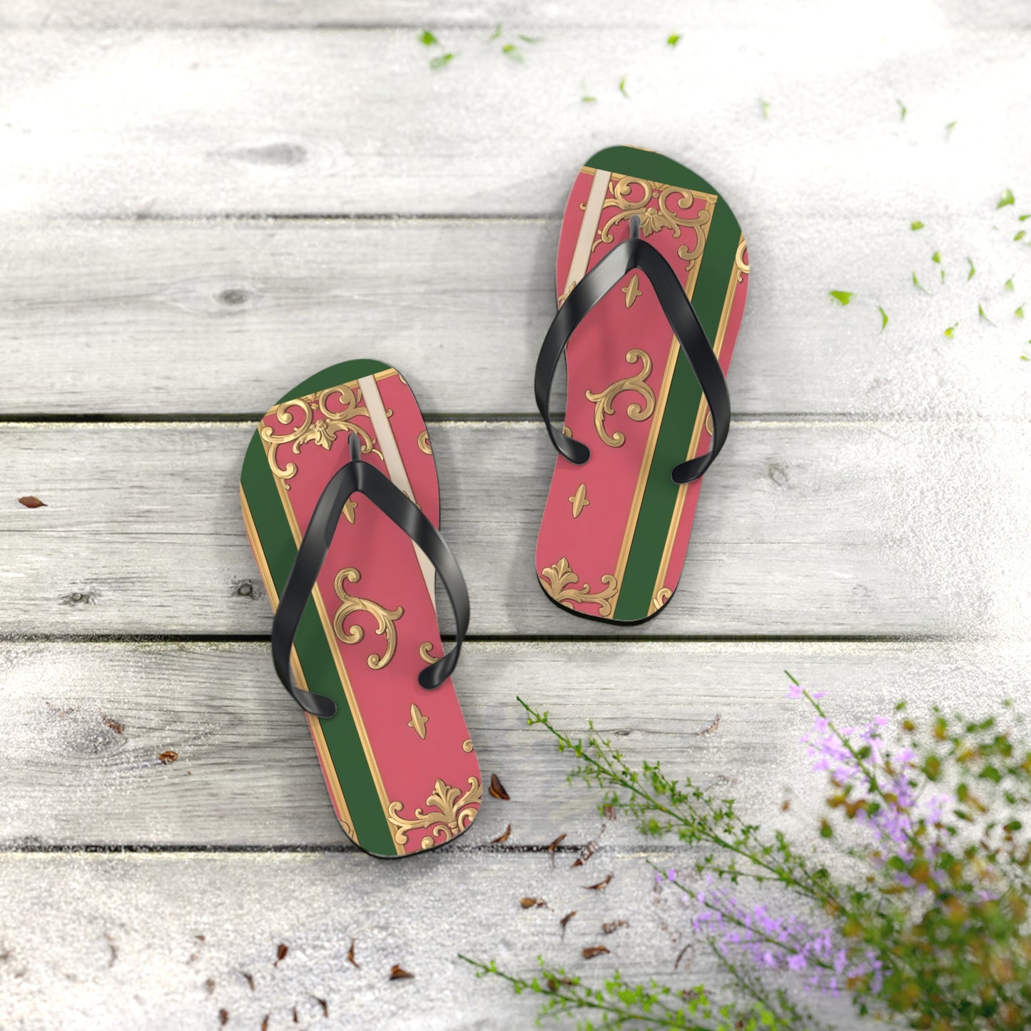 Elegant Green Border Pink Striped Baroque Flip Flops, Summer Footwear, Vacation Sandals, Beach Accessories, Stylish Thong Slippers