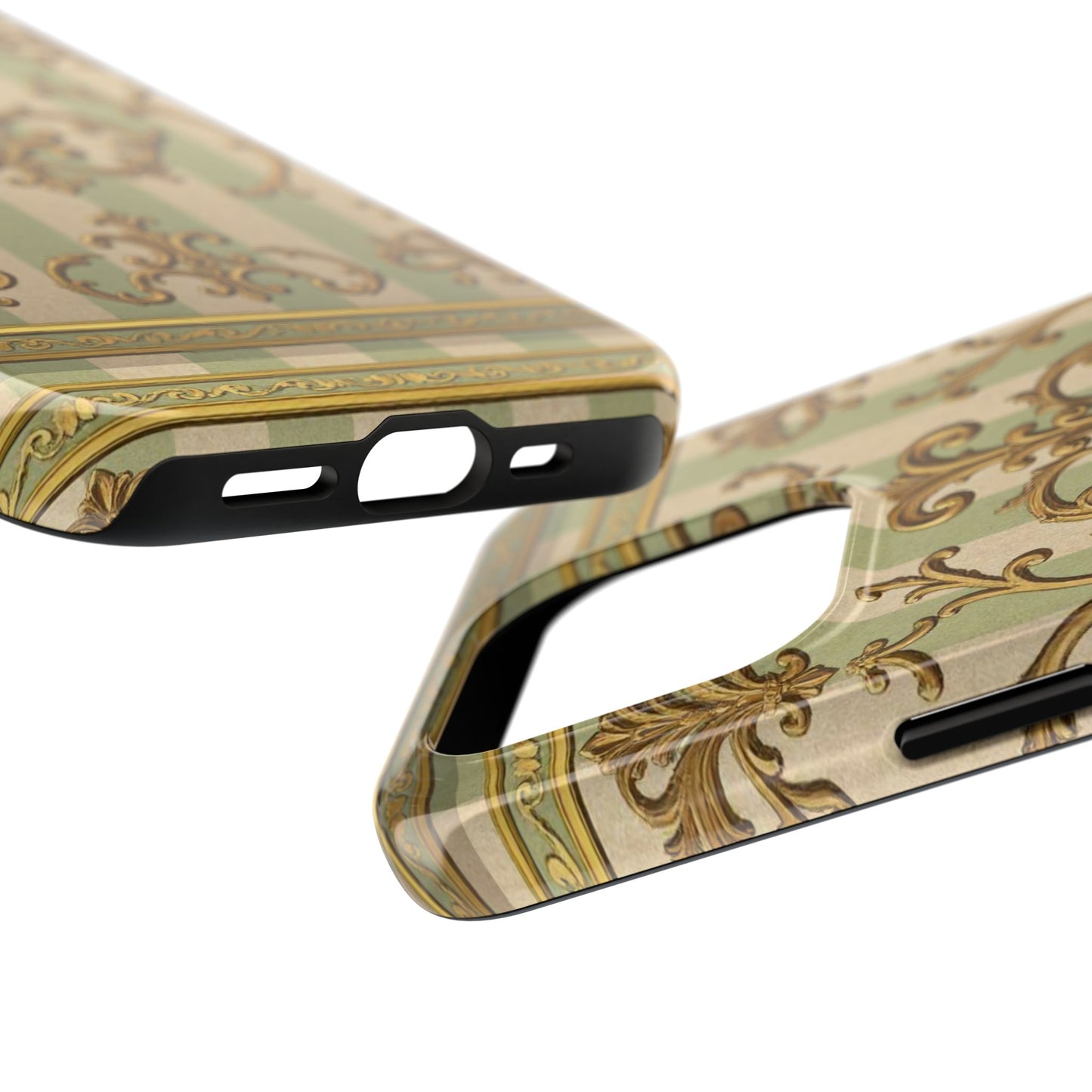 Vintage Elegance Phone Case, Tough Phone Cases for Style, Gift for Birthdays, Stylish Protection - Mint Green & Beige Striped Gold Baroque