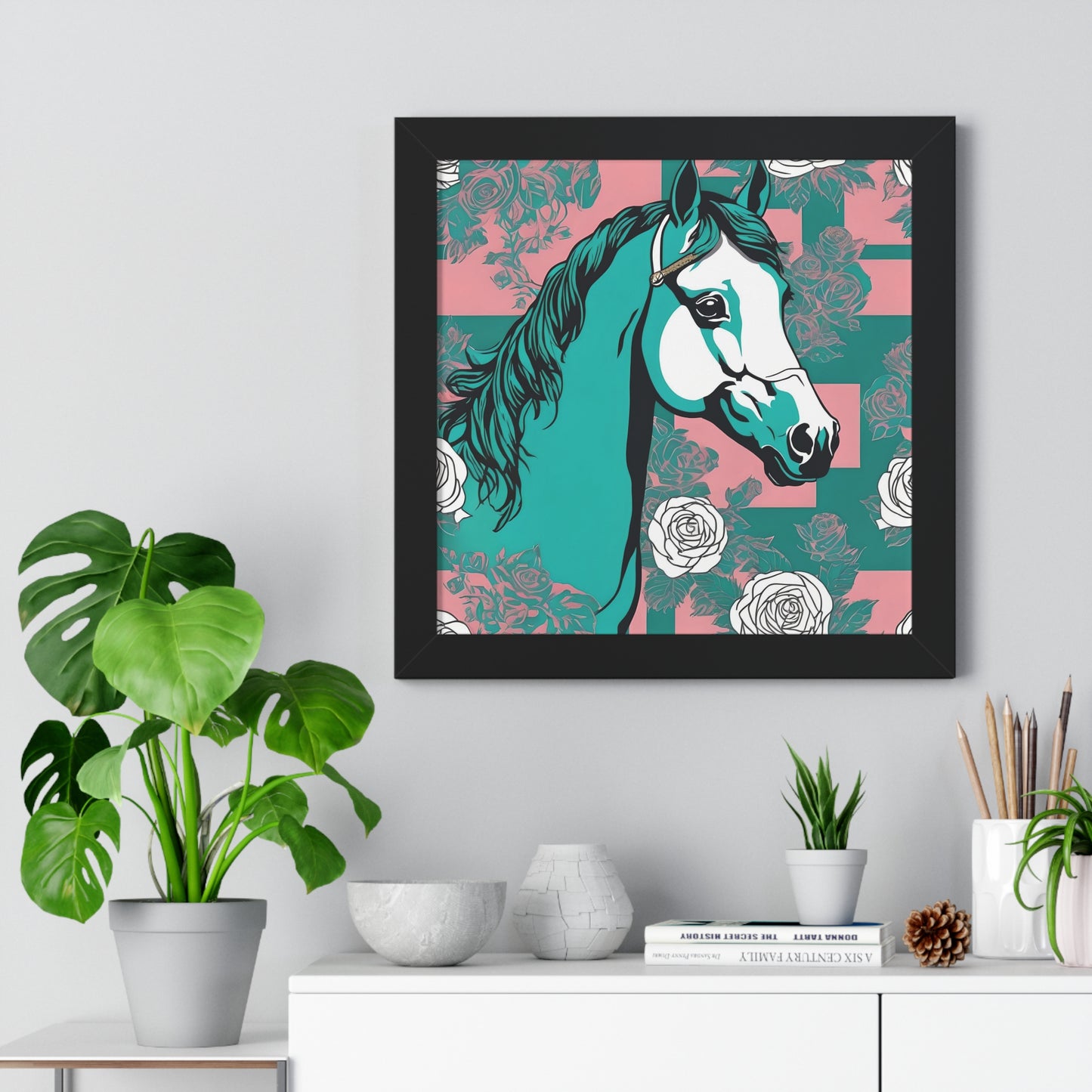 Vertical Poster - Stylish Modern Art for Home Decor - Teal & White Horse