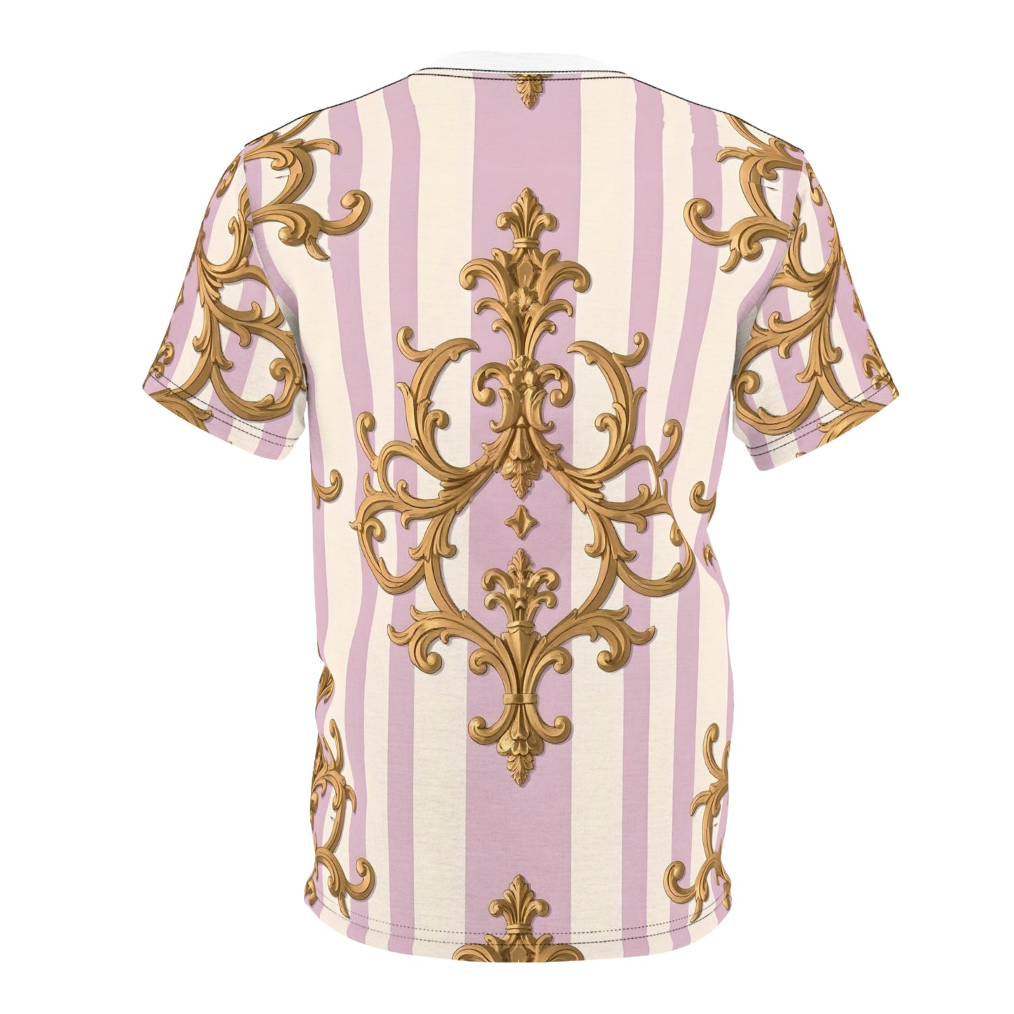 Elegant Patterned Unisex Tee, Chic Graphic T-Shirt, Statement Clothing, Fashion Top - Lilac & Alabaster Striped Gold Baroque