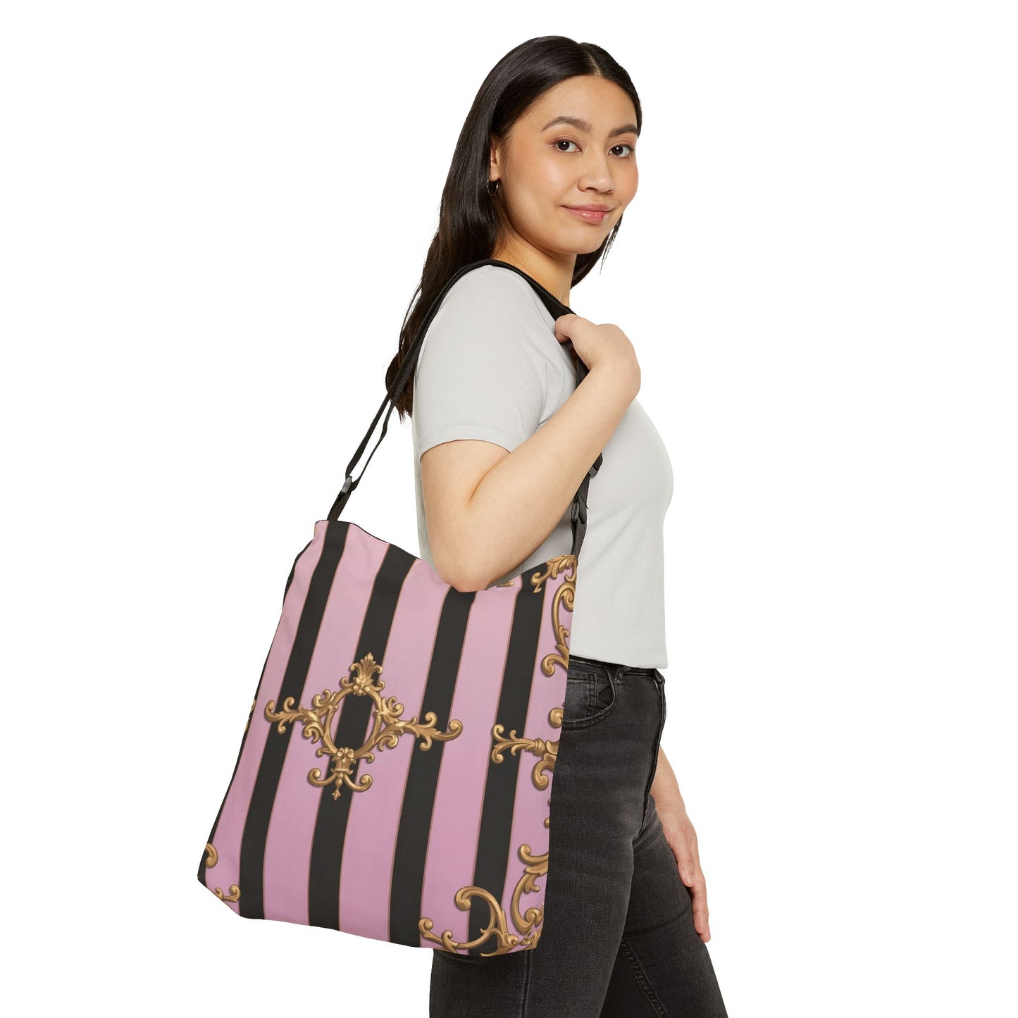 Chic Adjustable Tote Bag, Stylish Crossbody Bag for Daily Use, Elegant Pink Striped Bag - Matte Lavender & Black Striped Gold Baroque