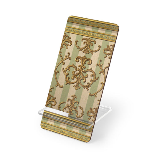 Elegant Phone Stand, Decorative Mobile Display, Smartphone Holder, Stylish Desk Accessory - Mint Green & Beige Striped Gold Baroque