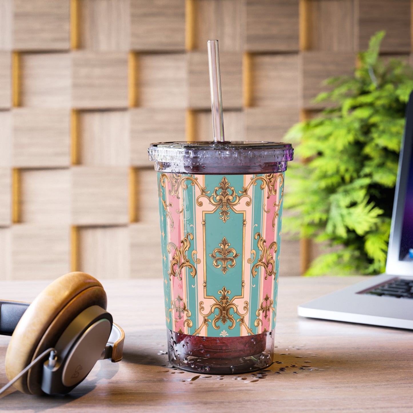 Chic Acrylic Cup, Stylish Drink Tumbler, Elegant Travel Mug, Unique Gift for Her, Floral Party Cup - Pink & Matte Turquoise Striped Rococo
