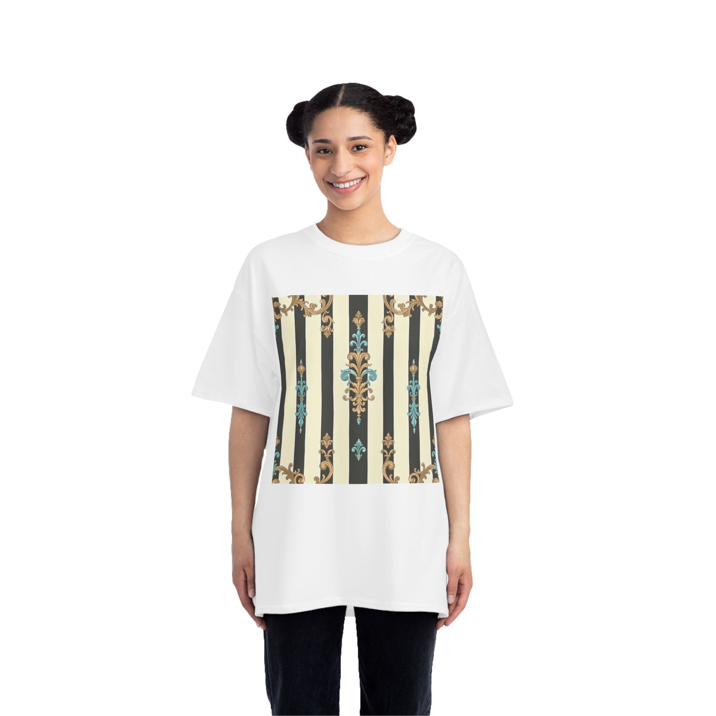 Elegant Floral Pattern Tee, Vintage Style T-Shirt, Gift for Her, Casual Outfit - Black Striped Turquoise & Black Rococo
