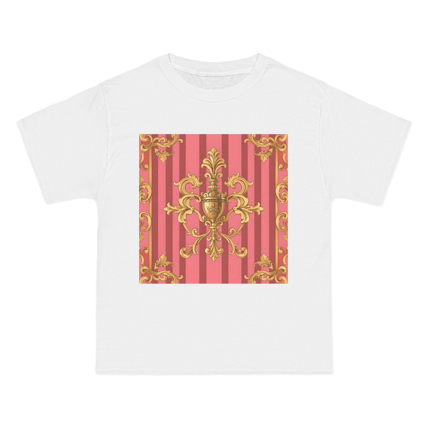 Chic Vintage Style Short-Sleeve T-Shirt - Elegant Baroque Design | Fashion Top, Gift for Her, Casual Wear - Pink Striped Gold Baroque