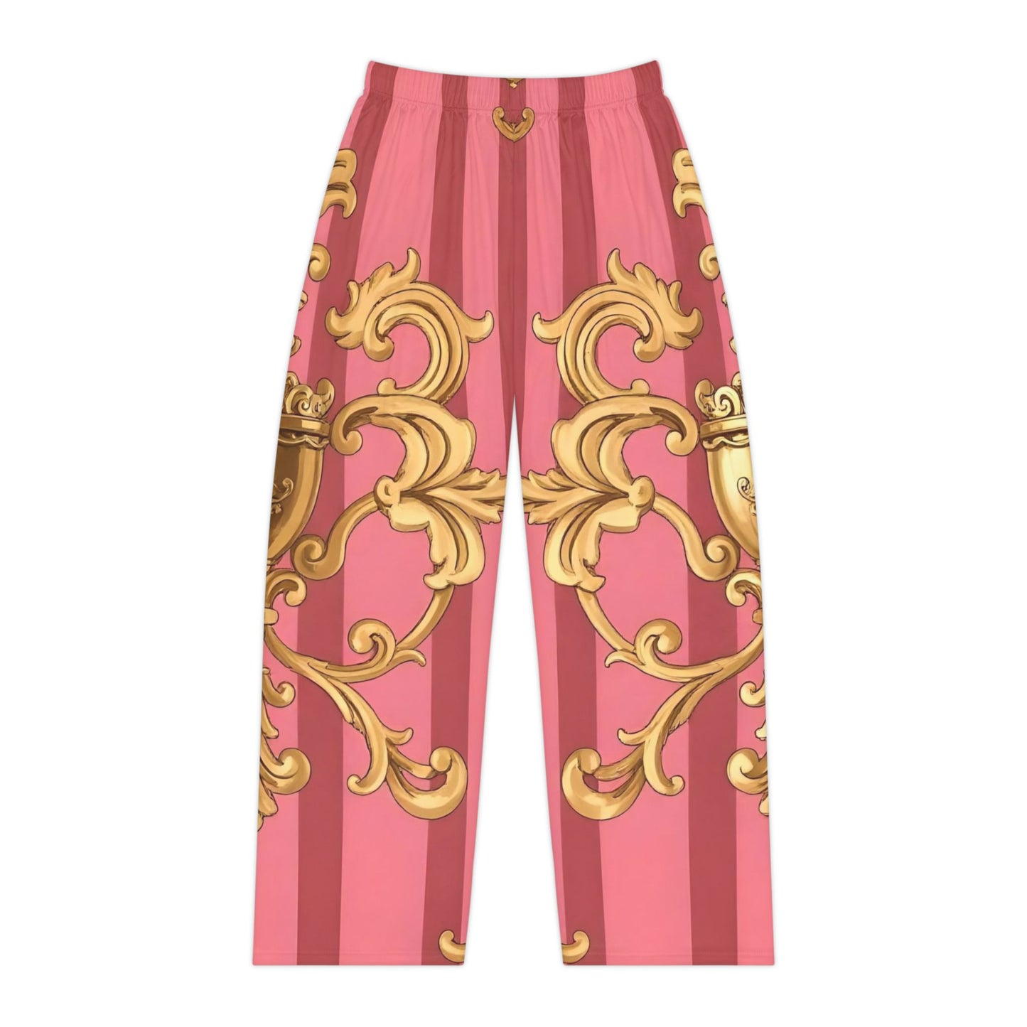 Elegant Women's Pajama Pants, Luxe Loungewear for Relaxation, Perfect Gift for Birthdays, Anniversaries - Pink Striped Gold Baroque