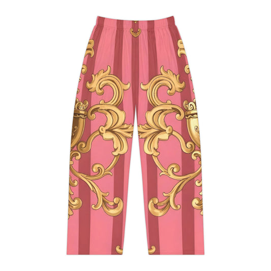 Elegant Women's Pajama Pants, Luxe Loungewear for Relaxation, Perfect Gift for Birthdays, Anniversaries - Pink Striped Gold Baroque
