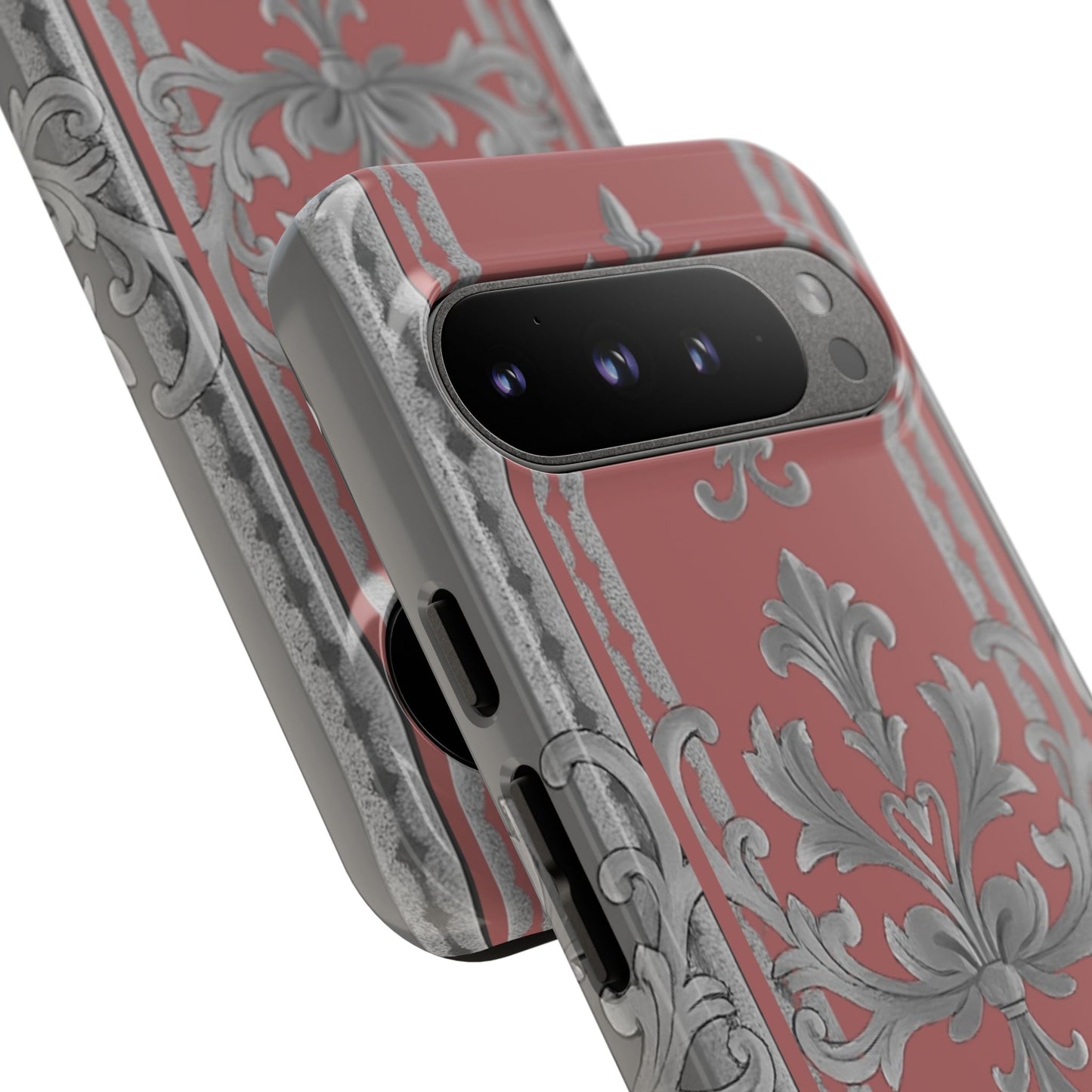 Elegant Floral Phone Case - Tough Cases for Stylish Protection - Gray & Mauve Striped Baroque