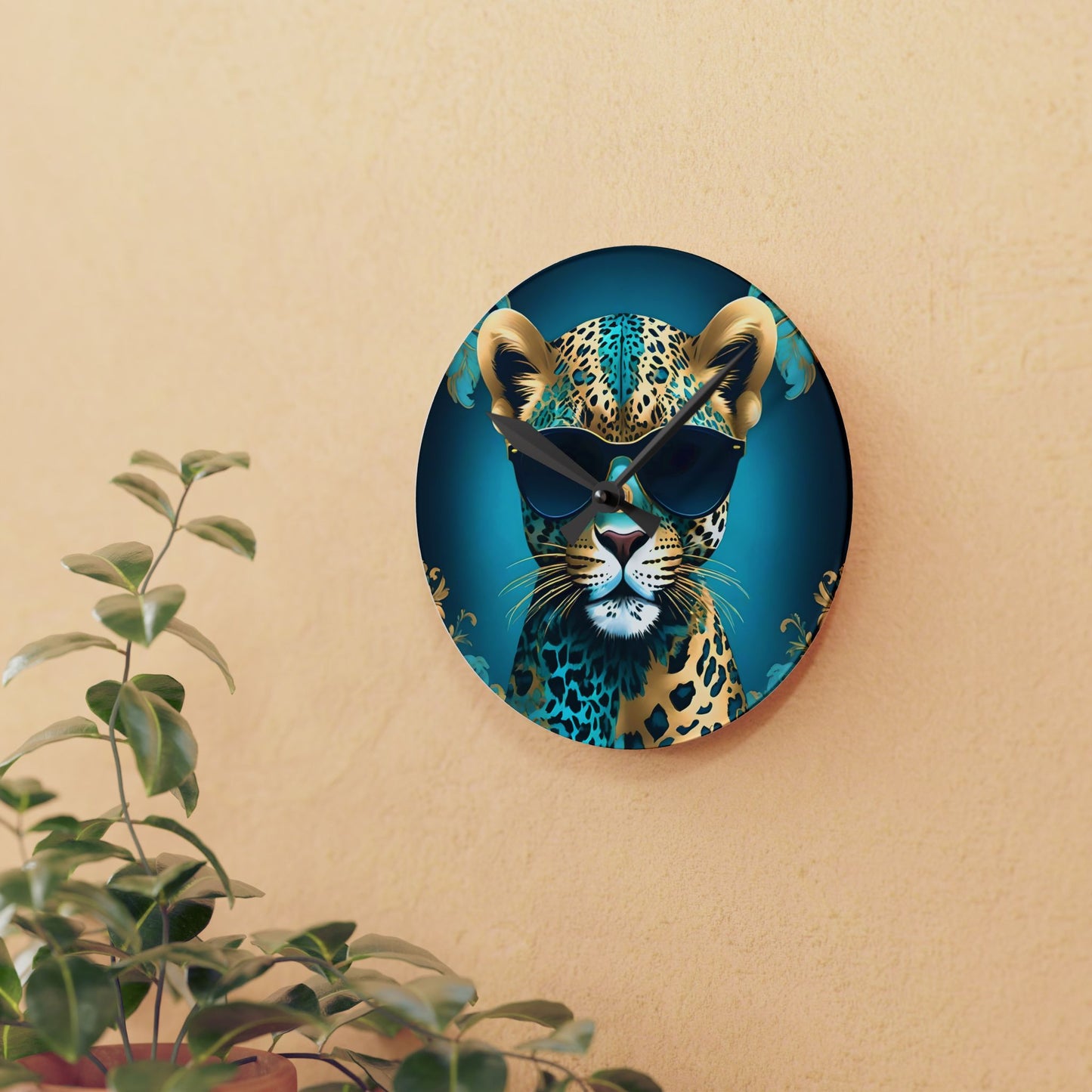 Animal Lover Wall Clock - Aqua & Gold Leopard In Shades - Fun & Elegant Art Design