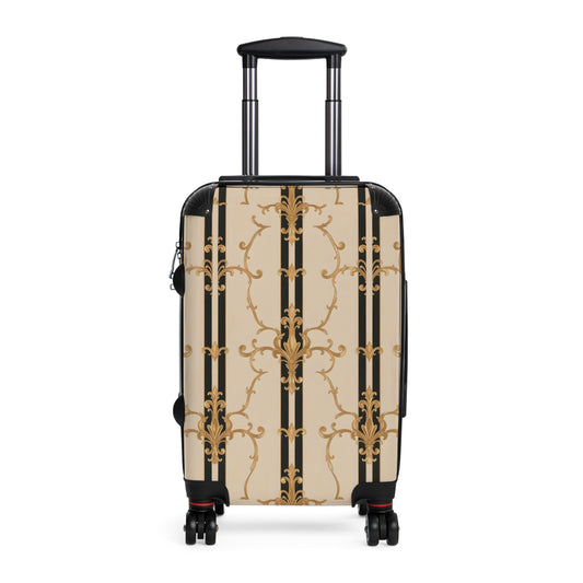 Elegant Travel Suitcase - Stylish Luggage for Adventurers, Travel Enthusiasts, Fashion Design Lovers - Black & Beige Striped Damask