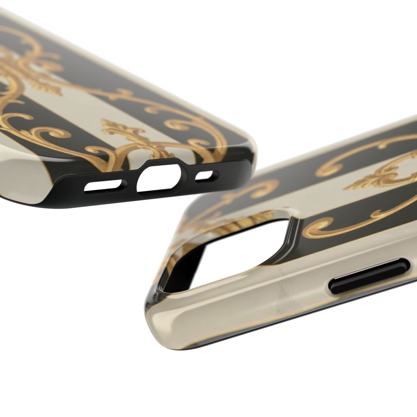 Elegant Black & Alabaster Striped Baroque Tough Phone Cases - Chic Protection, Black Gold Decor, Stylish Accessory, Gift for Her, Trendy Tech