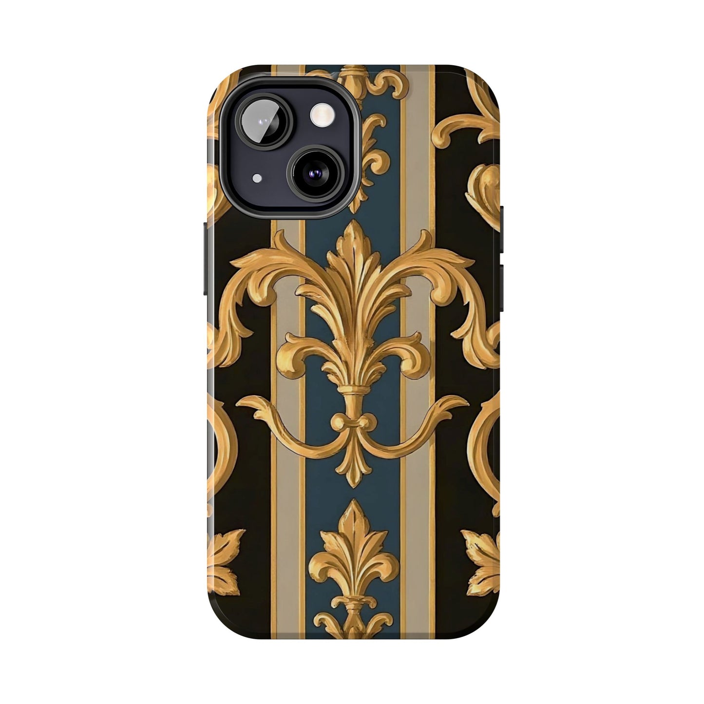 Elegant Rococo Phone Cases, Tough iPhone Case, Floral Design Case, Luxury Phone Cover - Blue & Black Striped Rococo
