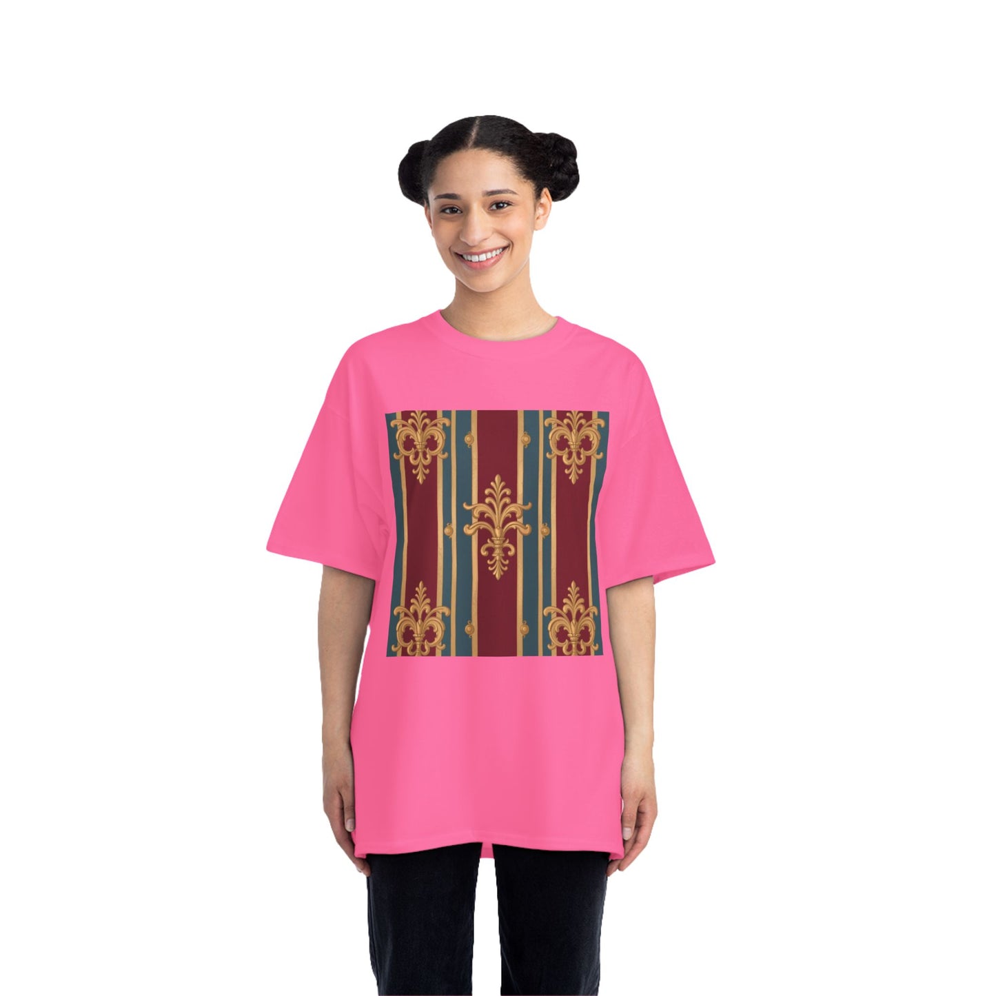 Elegant Vintage Patterned Beefy-T® Short-Sleeve T-Shirt | Casual Wear, Summer Tops, Unique Gift - Burgundy Striped Gold Baroque