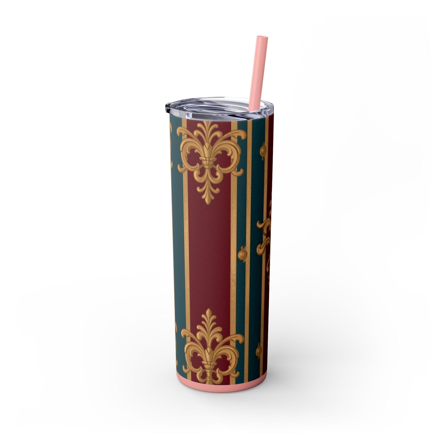 Elegant Vintage Skinny Tumbler with Straw, 20oz | Gold & Burgundy Design | Travel Mug, Gift for Her - Burgundy Striped Gold Baroque