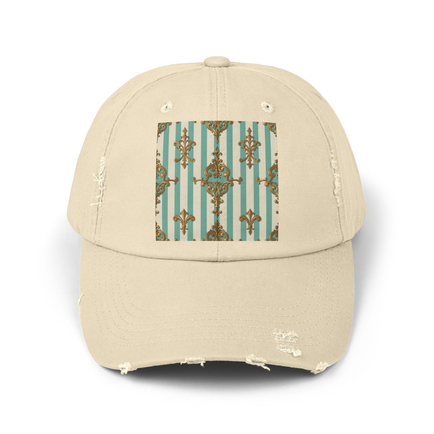 Stylish Unisex Distressed Cap with Vintage Pattern, Casual Hat for Everyday Wear, Gift for Birthdays - Matte Green Striped Rococo