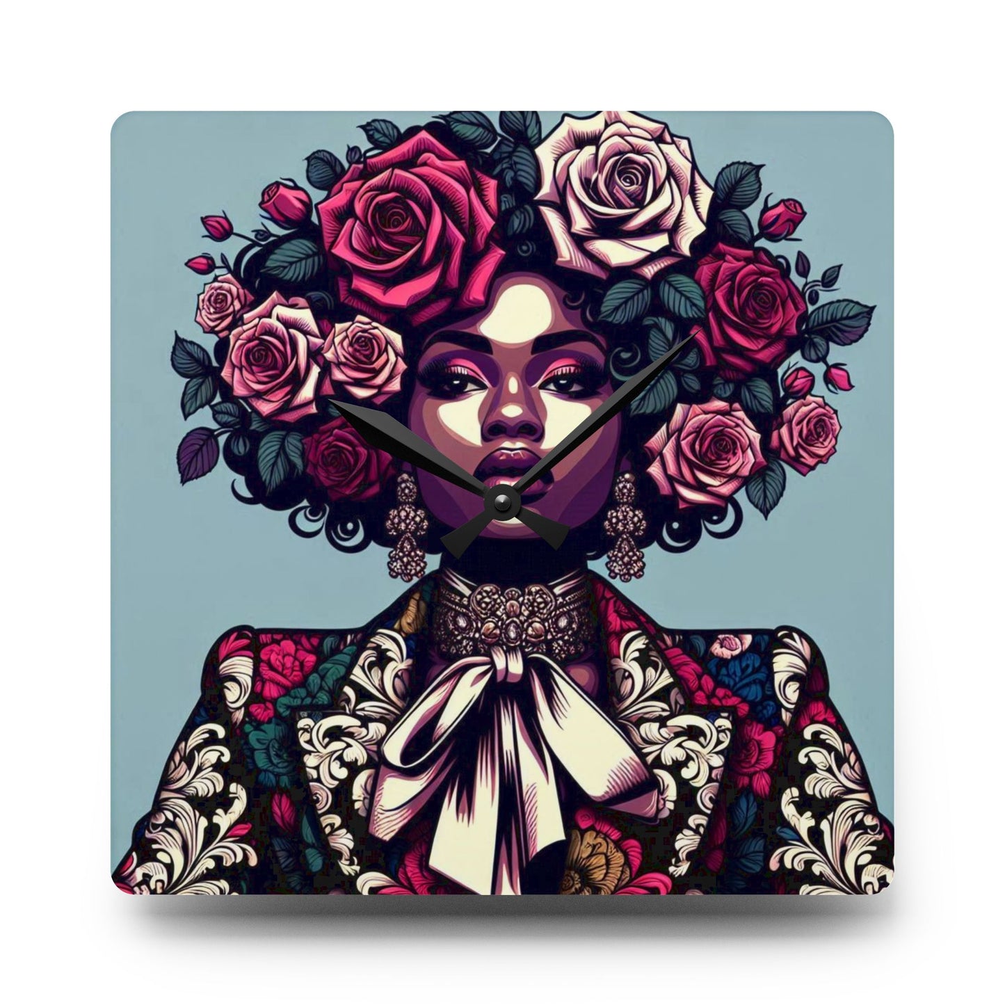 Bohemian Afro-Inspired Acrylic Wall Clock with Floral Design - Lady In Damask Suit & Roses Design