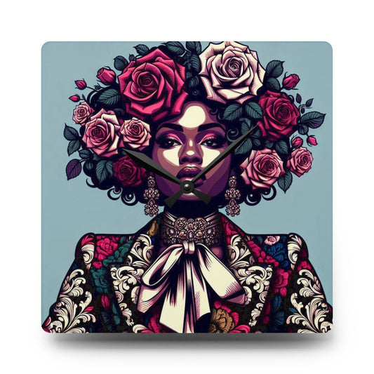 Bohemian Afro-Inspired Acrylic Wall Clock with Floral Design - Lady In Damask Suit & Roses Design