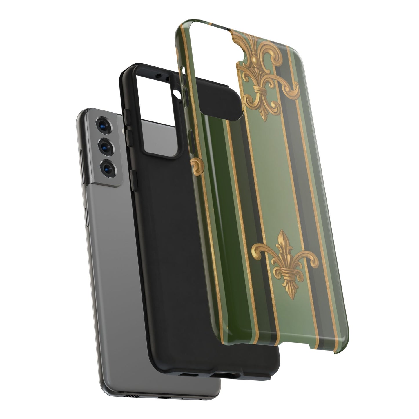 Elegant Tough Phone Cases - Baroque Design, Durable Cell Phone Covers, Unique Gifts for Her, Holiday Gifts - Green Striped Gold Baroque