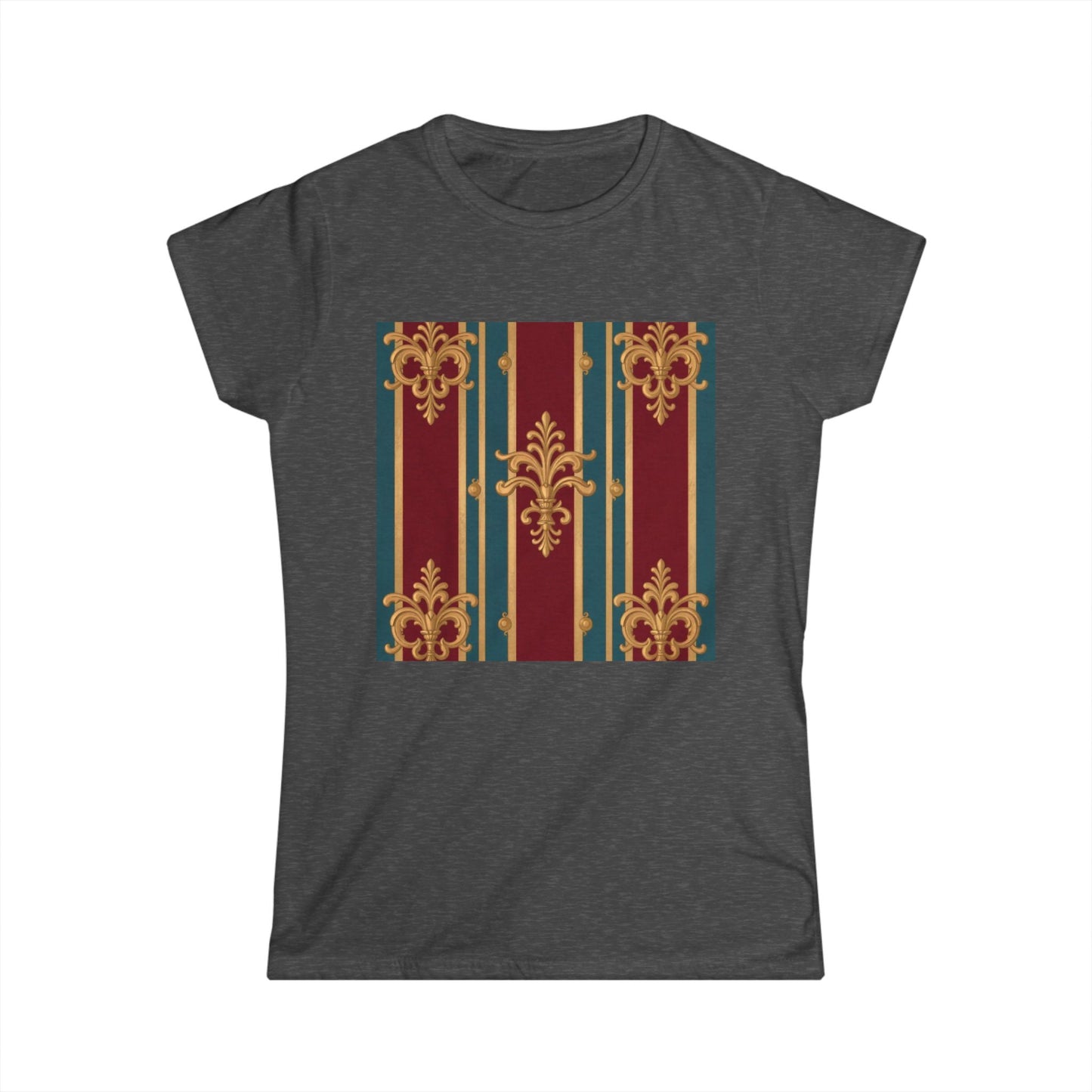 Elegant Floral Design Women's Softstyle Tee - Casual Wear, Gift for Her, Birthday, Summer Fashion - Burgundy Striped Gold Baroque