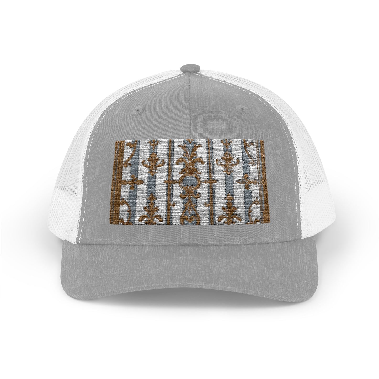 Stylish Snapback Trucker Cap with Nature-Inspired Design - Summer Festivals - Matte Gray & Cream Striped Gold Baroque