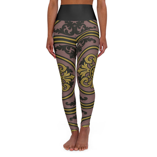 Chic Gilded Mauve With Black-Gold Baroque High Waisted Yoga Leggings, Stylish Workout Pants, Fitness Apparel, Activewear, Yoga & Pilates Fashion