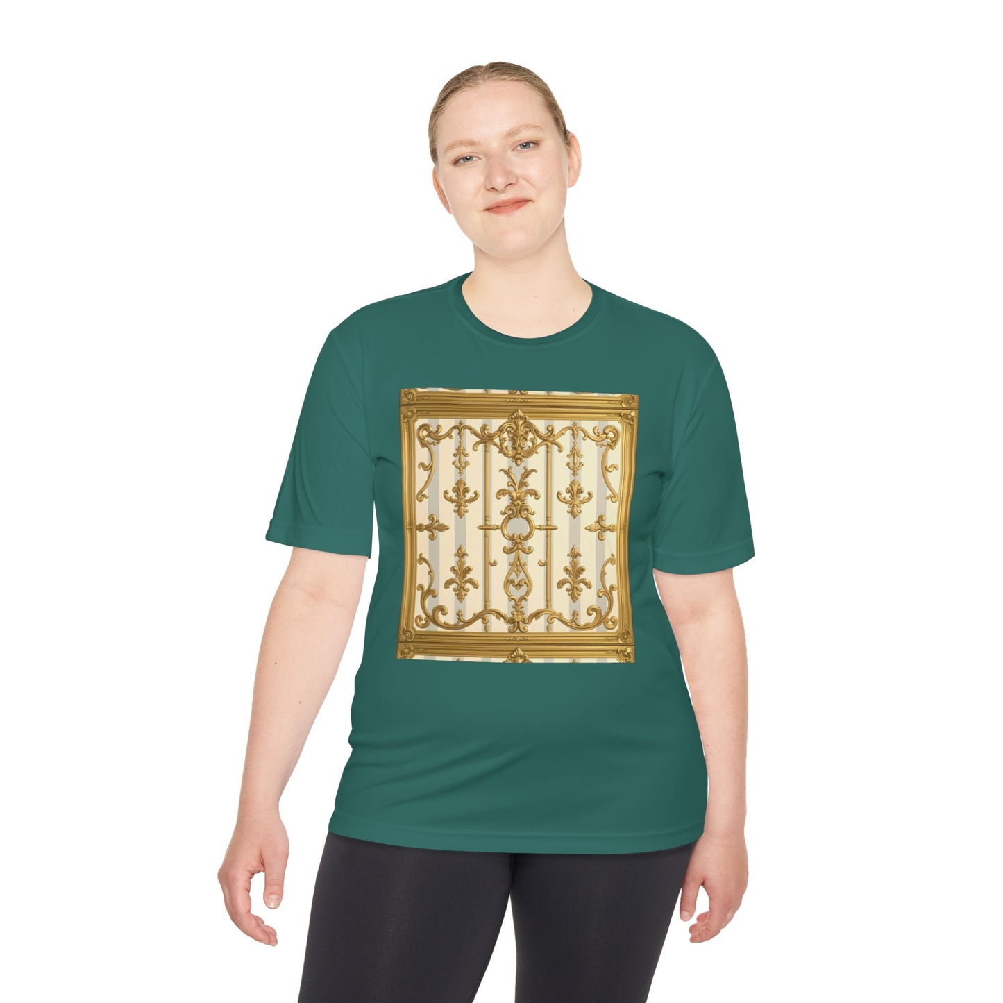 Elegant Gold Unisex Moisture Wicking Tee, Fashion Tee, Workout Shirt, Summer Style - Matte Gray & Cream Striped Gold Baroque