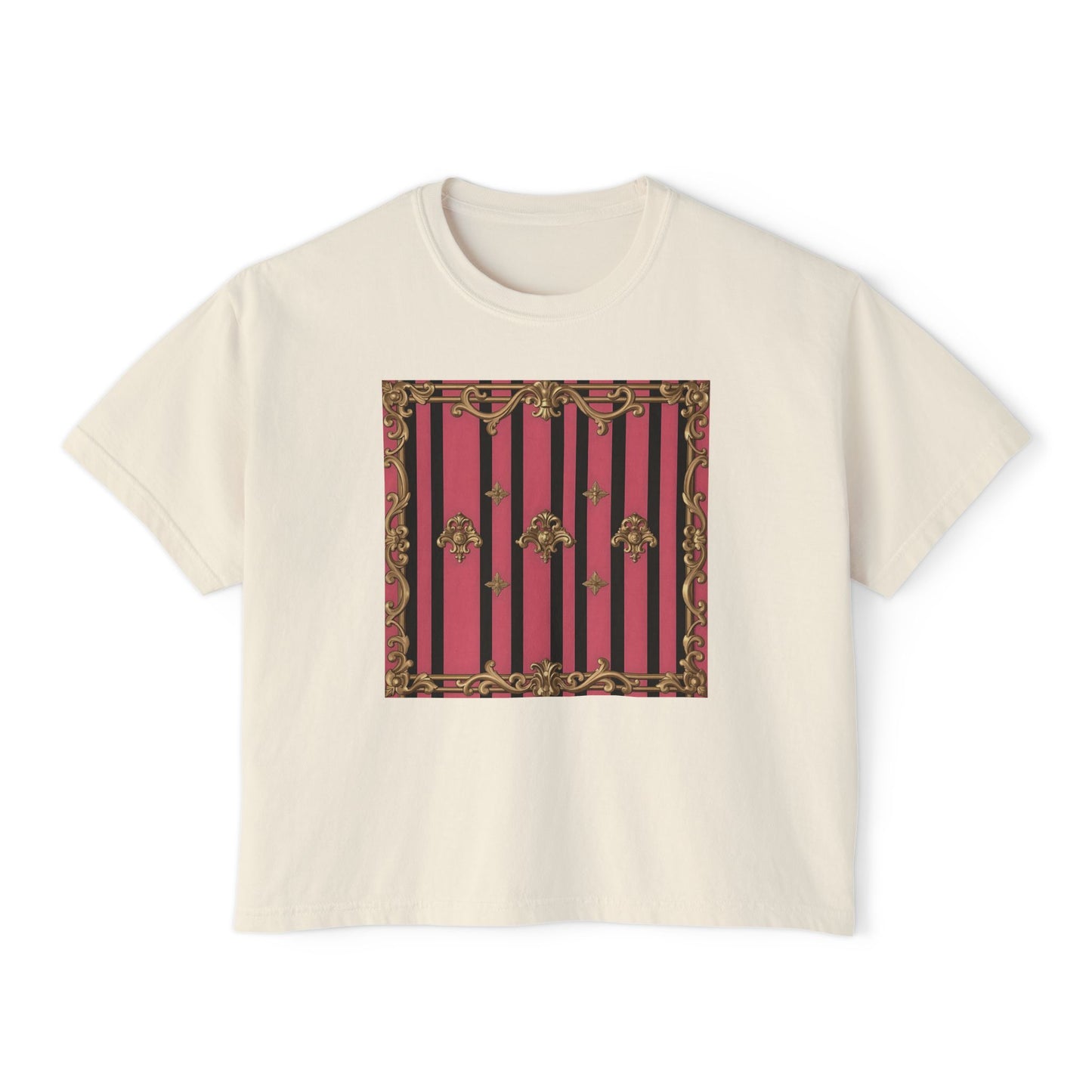 Chic Women's Boxy Tee with Vintage Floral Design, Casual Top, Summer Outfit, Gift for Her, Everyday Wear, Stylish Tee - Pink Striped Gold Rococo