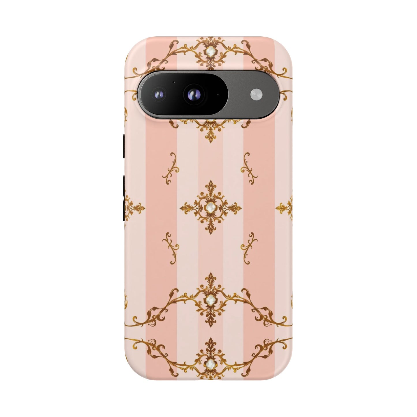 Elegant Floral Phone Case, Tough Cases for Women, Trendy Phone Cover, Chic Gift - Pink Jeweled Striped Gold Baroque