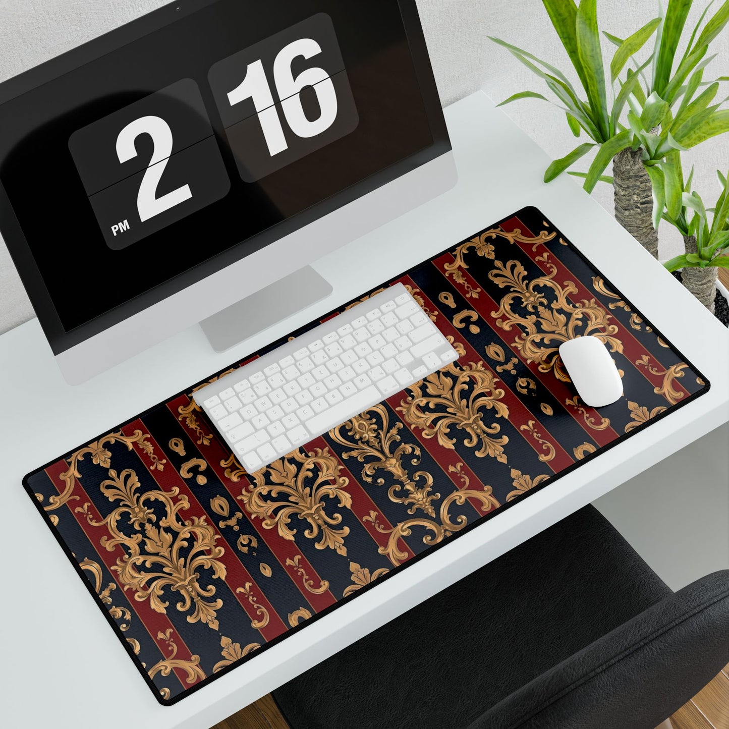 Elegant Floral Motif Desk Mat for Home Office Decor - Midnight Blue & Dusk Red Striped Gold Damask