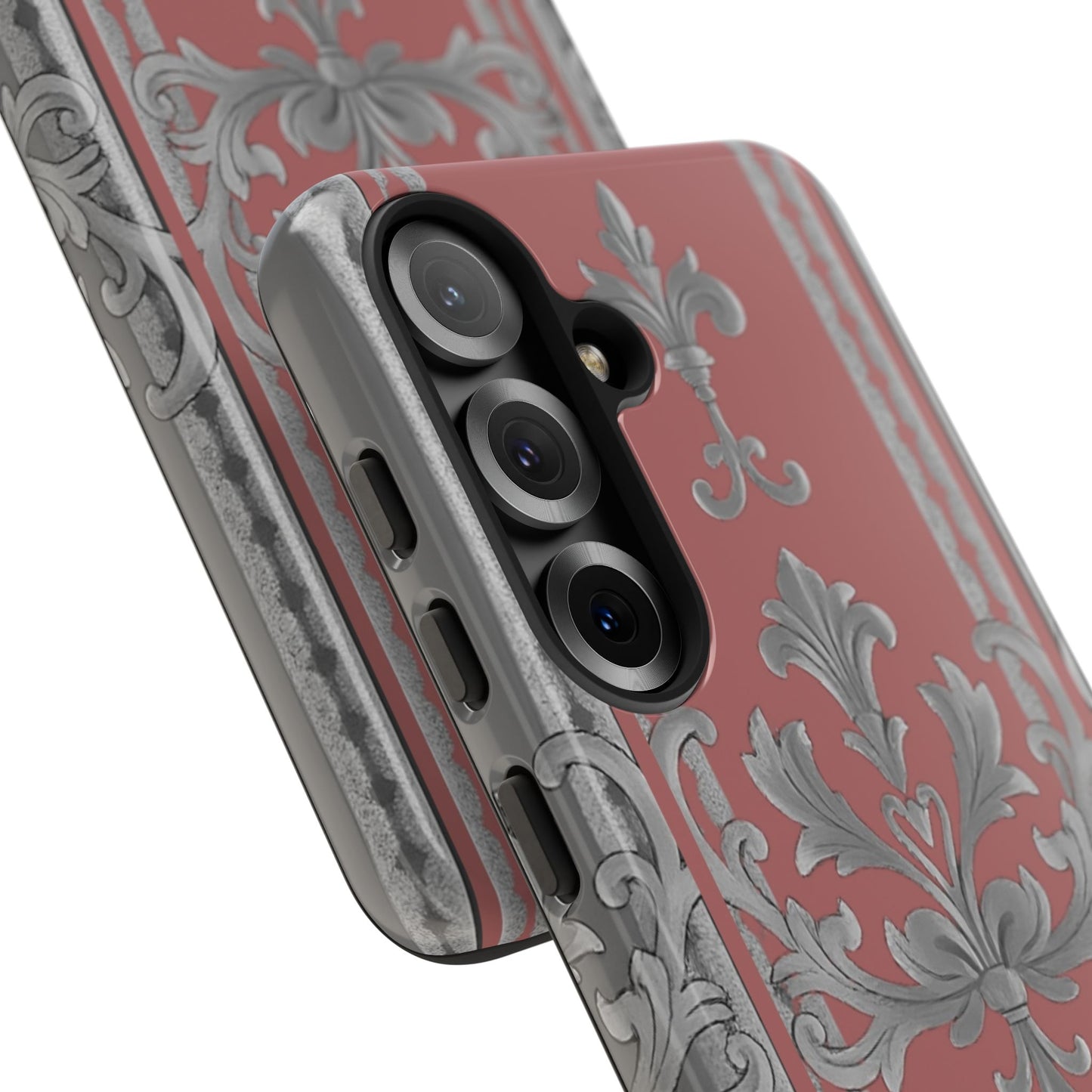 Elegant Floral Phone Case - Tough Cases for Stylish Protection - Gray & Mauve Striped Baroque