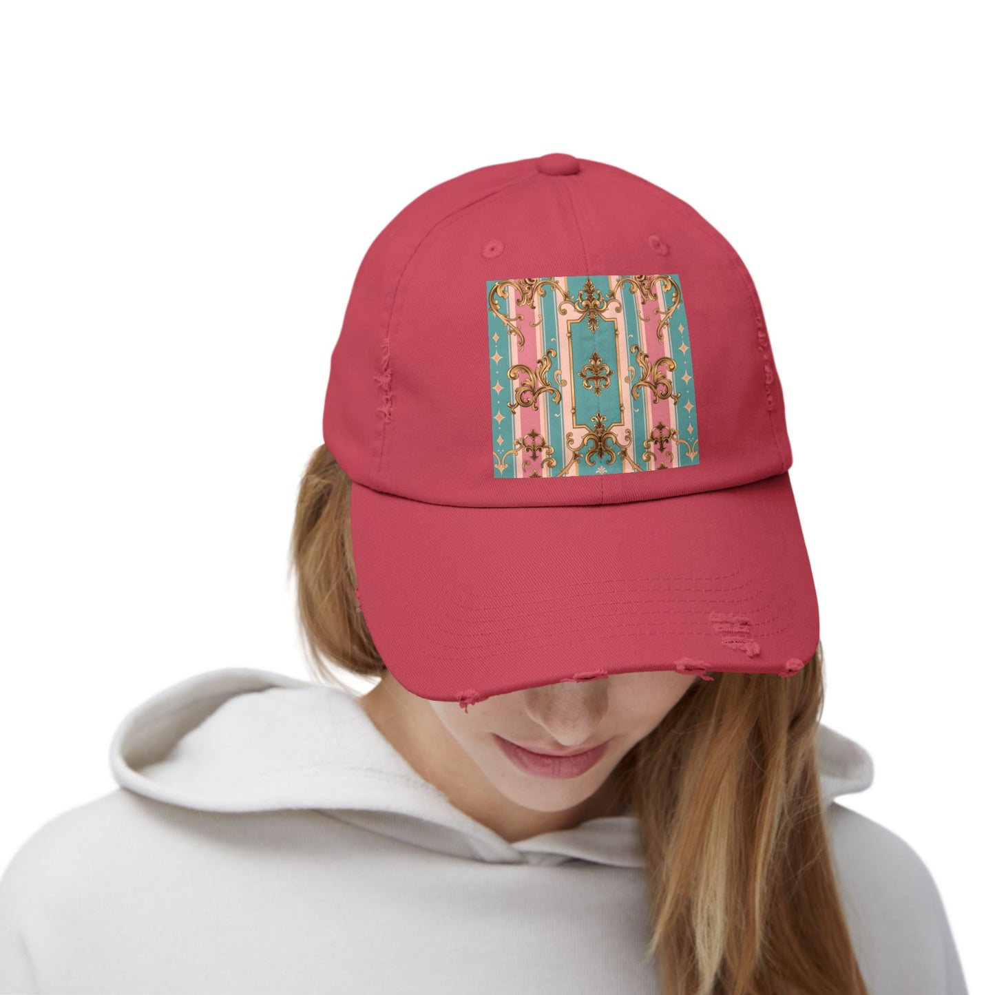 Stylish Unisex Distressed Cap with Floral Pattern, Casual Hat, Trendy Headwear, Summer Accessory - Pink & Matte Turquoise Striped Rococo