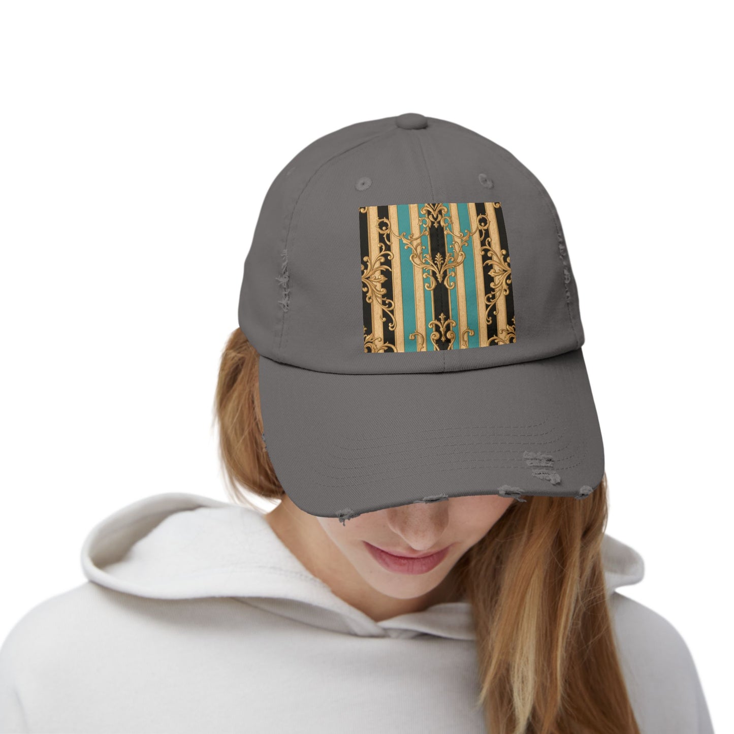 Distressed Black, Tan & Ocean Green Striped Gold Baroque Cap with Elegant Stripe Design | Vintage-Inspired Accessories, Unisex Casual Hat