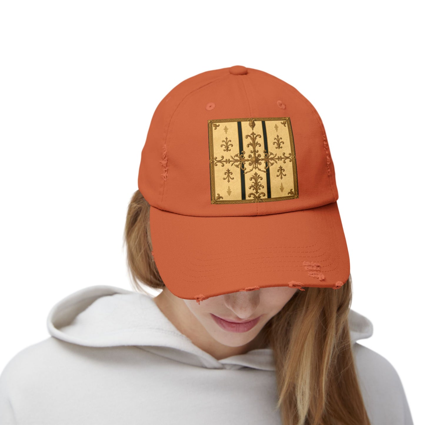 Vintage-Inspired Unisex Distressed Cap with Rustic Floral Design | Perfect for Casual Outings, Gift Ideas - Matte Yellow Striped Antique Rococo