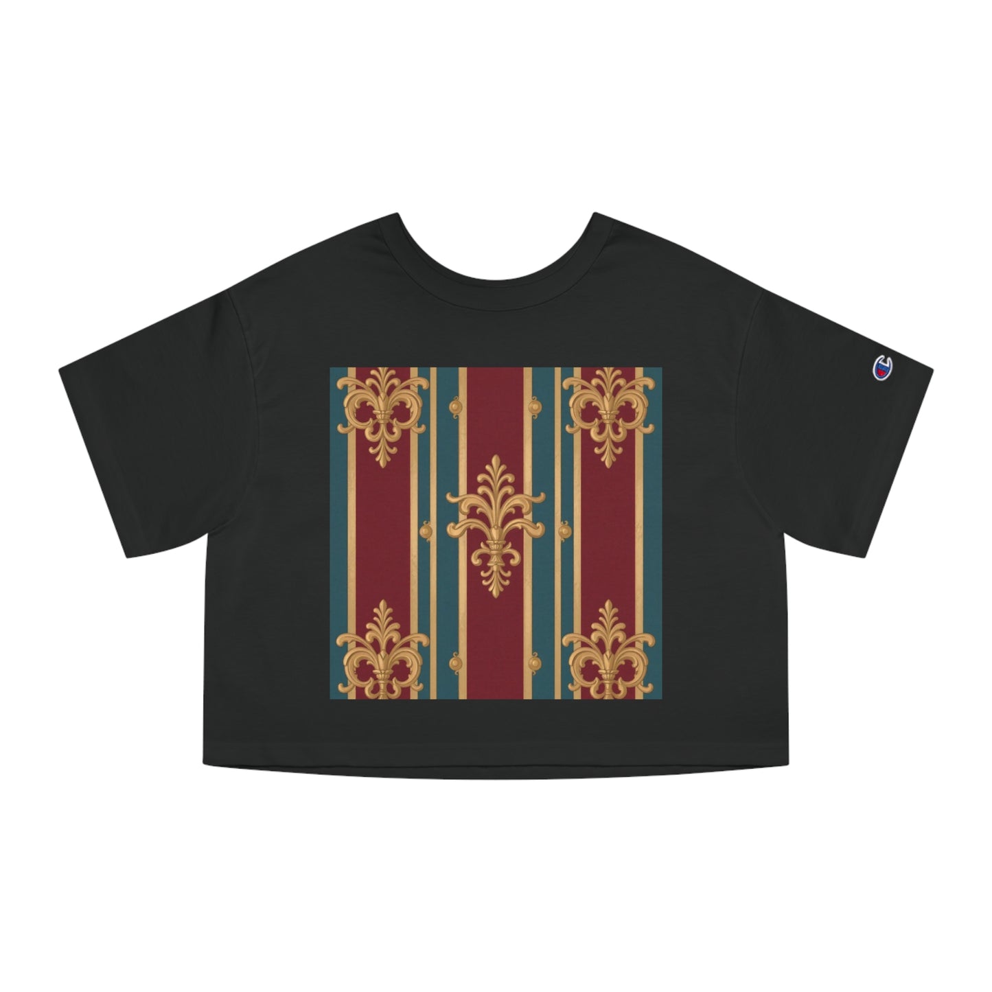 Cropped T-Shirt with Baroque Design | Trendy Women's Top | Perfect for Casual Wear, Festivals - Burgundy Striped Gold Baroque