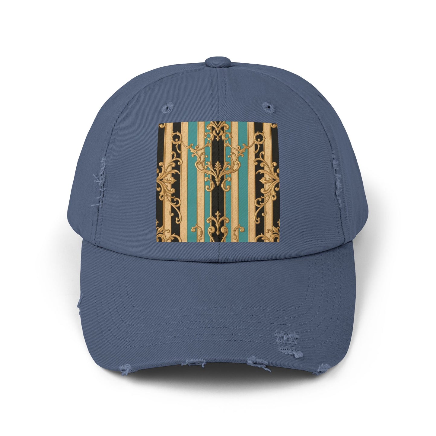Distressed Black, Tan & Ocean Green Striped Gold Baroque Cap with Elegant Stripe Design | Vintage-Inspired Accessories, Unisex Casual Hat