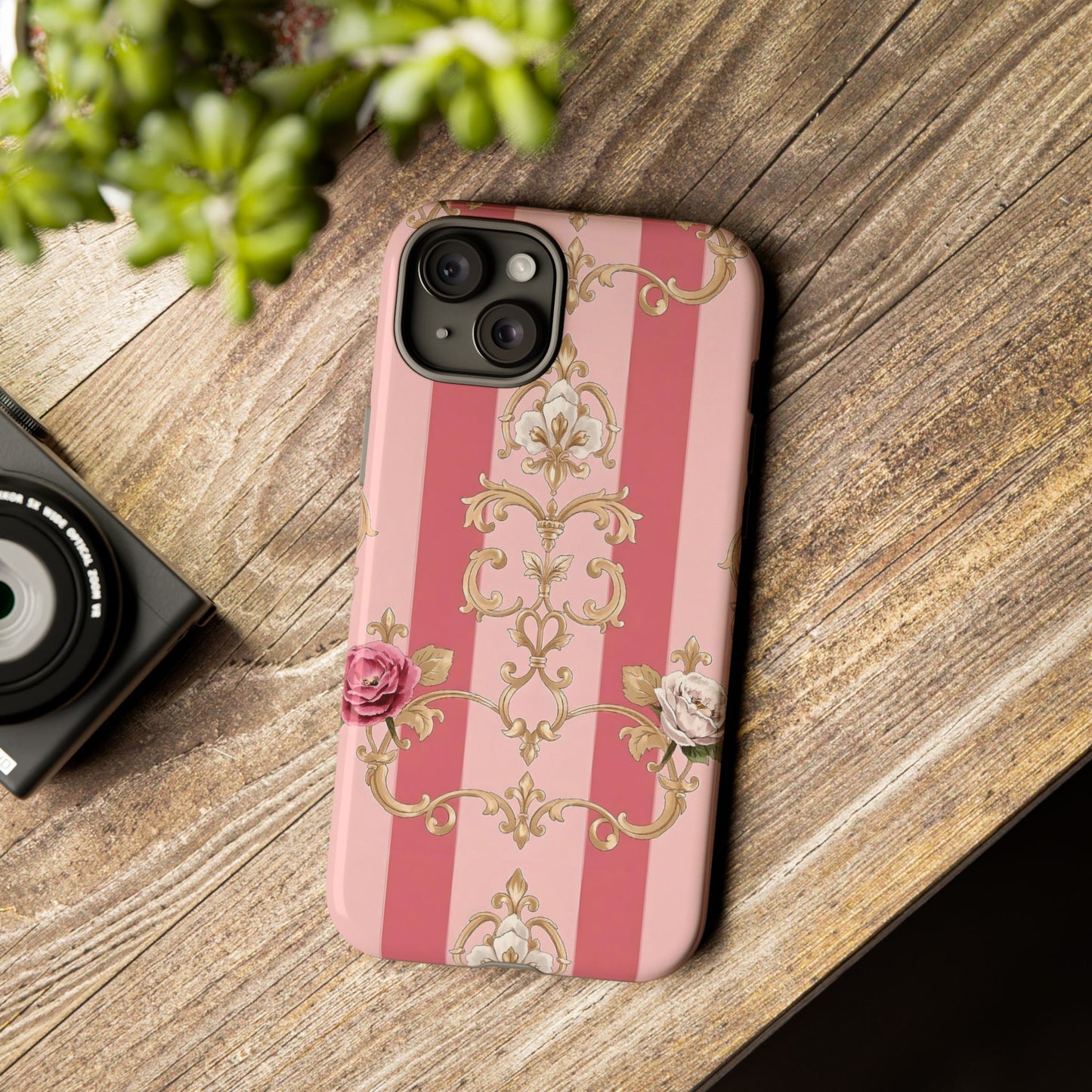Elegant Floral Motif Phone Case - Tough Cases with Vintage Design - Pink Striped Roses & Damask