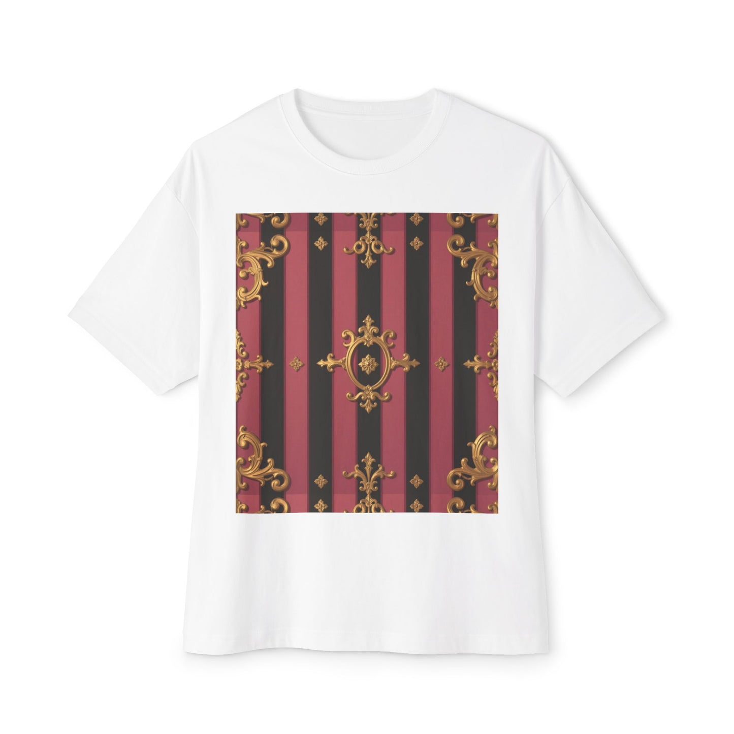 Stylish Black & Mauve Striped Gold Baroque Oversized Tee - Chic Statement Top, Casual Fashion, Perfect for Festivals