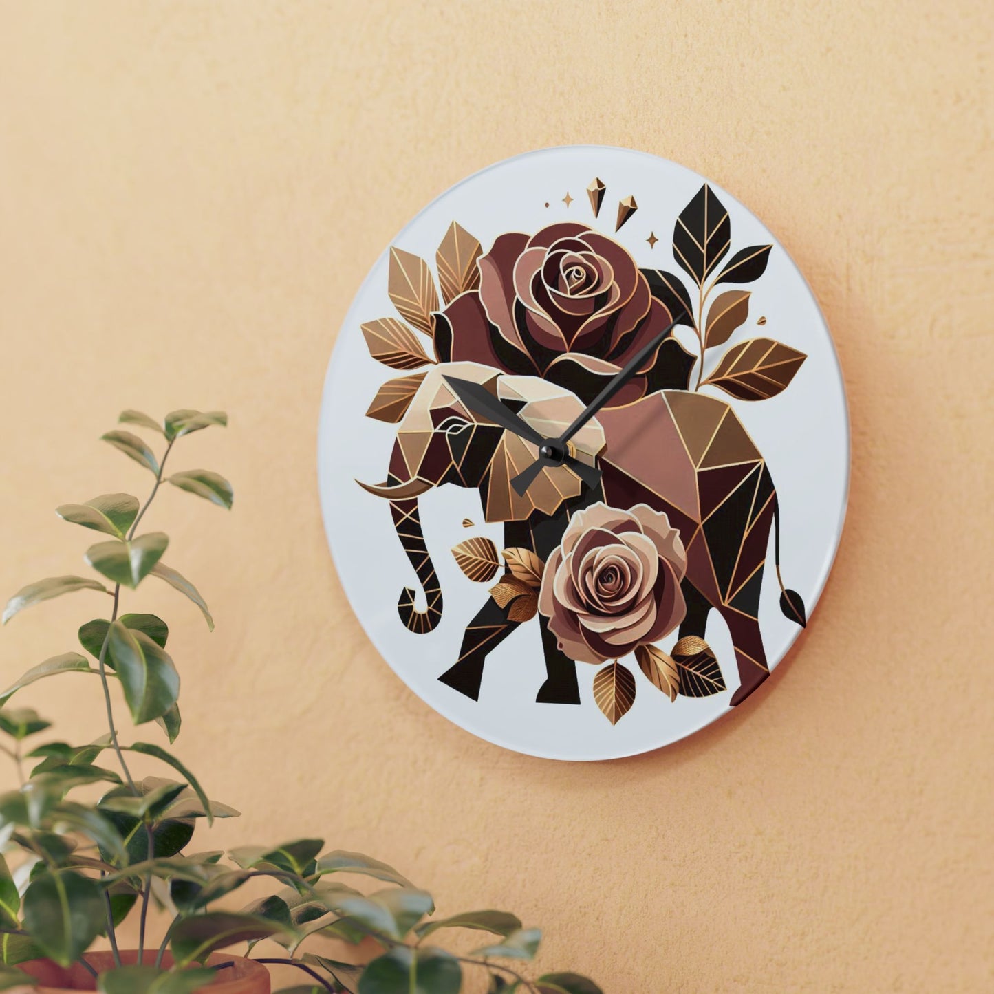 Bohemian Elephant-Inspired Acrylic Wall Clock with Floral Design - Brown & Gold Elephant & Roses Design