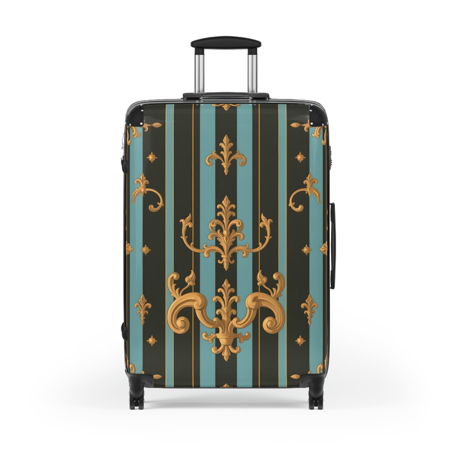 Elegant Vintage Striped Suitcase, Travel Luggage, Stylish Travel Gear, Unique Gift for Travelers, Sturdy Cabin Bag - Black & Turquoise Striped Baroque