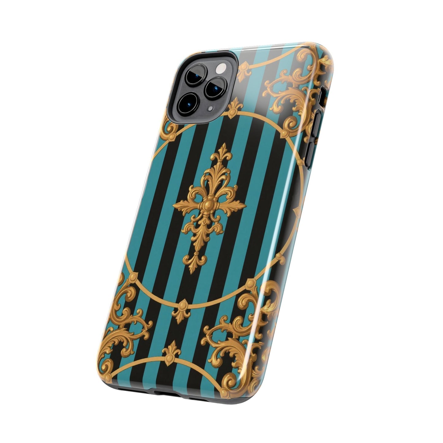 Elegant Turquoise & Black Striped Gold Baroque Phone Case, Tough Phone Cases for Fashion Lovers, Gift for Her, Luxury Accessories
