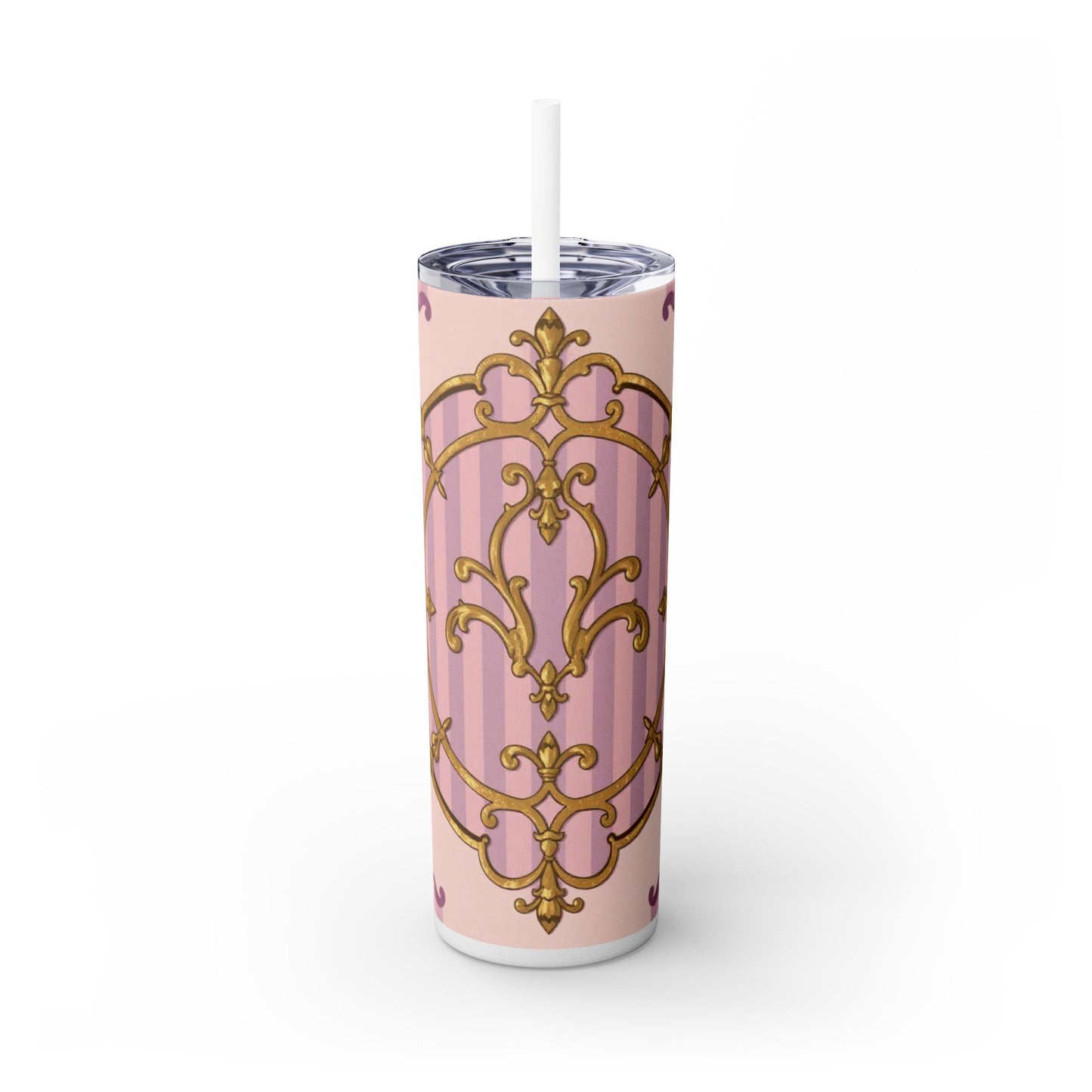 Elegant Lavender & Alabaster Striped Gold Baroque Tumbler - Insulated 20oz Skinny Cup with Straw, Ideal for Gifts, Parties, and Daily Use