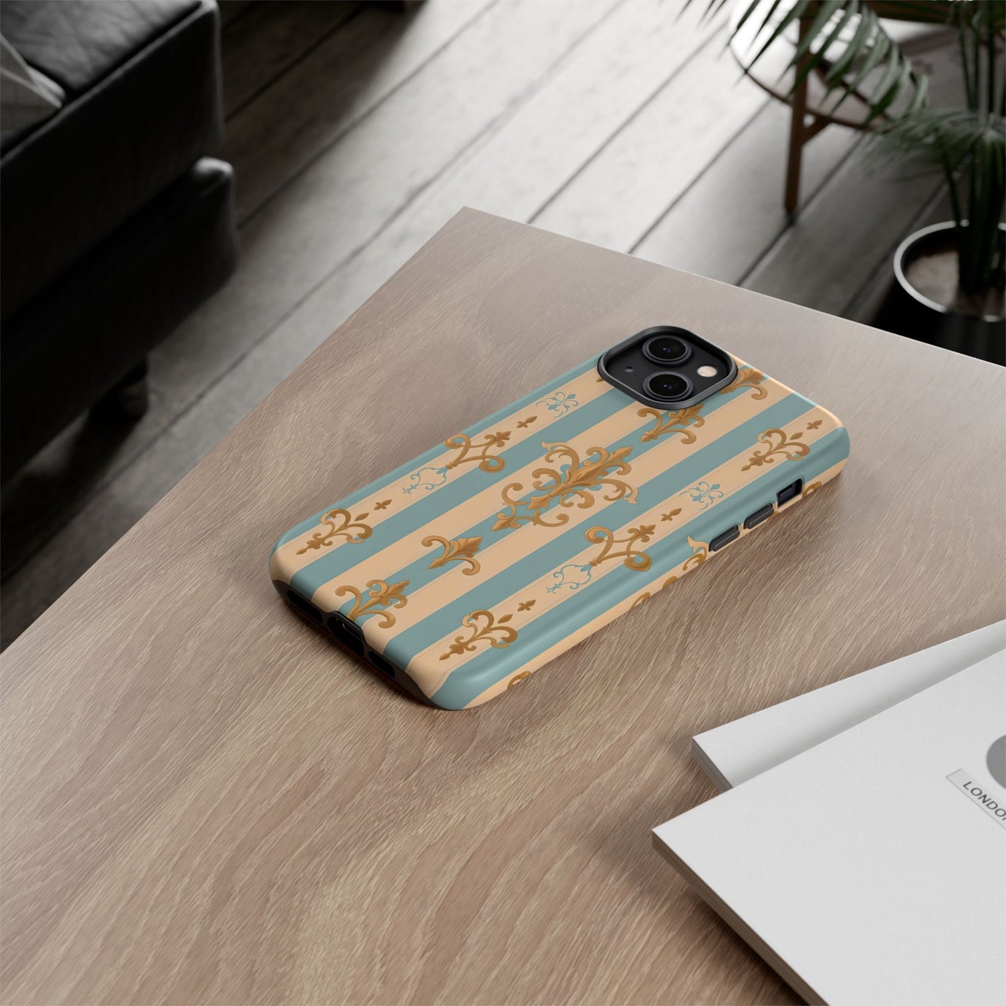 Elegant Floral Motif Phone Case - Tough Cases with Vintage Design -  Beige & Sky Blue Striped Gold Damask