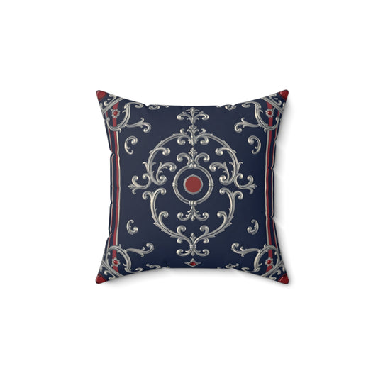 Elegant Decorative Throw Pillow, Vintage Home Decor, Square Cushion, Stylish Accent Pillow - Blue & Red Striped Silver Baroque