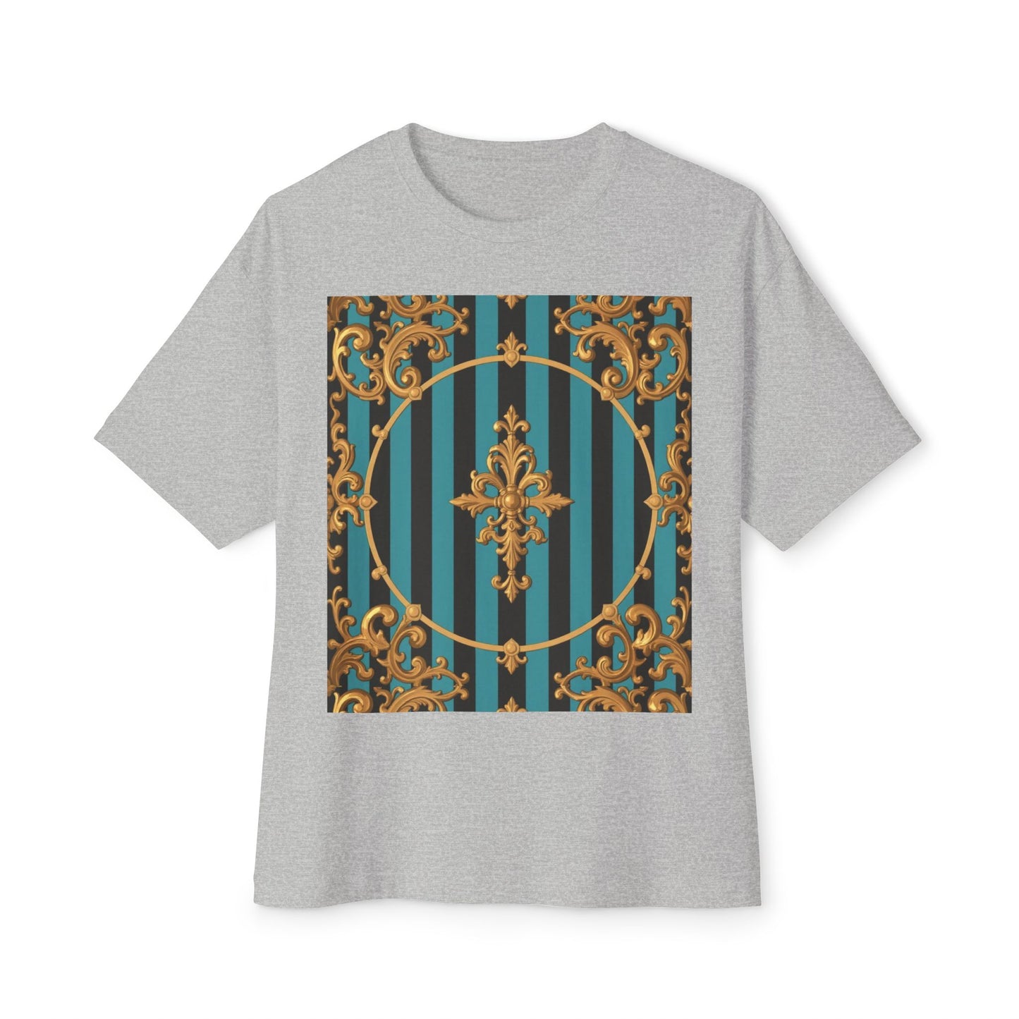 Stylish Turquoise & Black Striped Gold Baroque Unisex Oversized Boxy Tee, Retro Graphic Shirt, Casual Wear, Trendy Fashion, Unique Gift Idea
